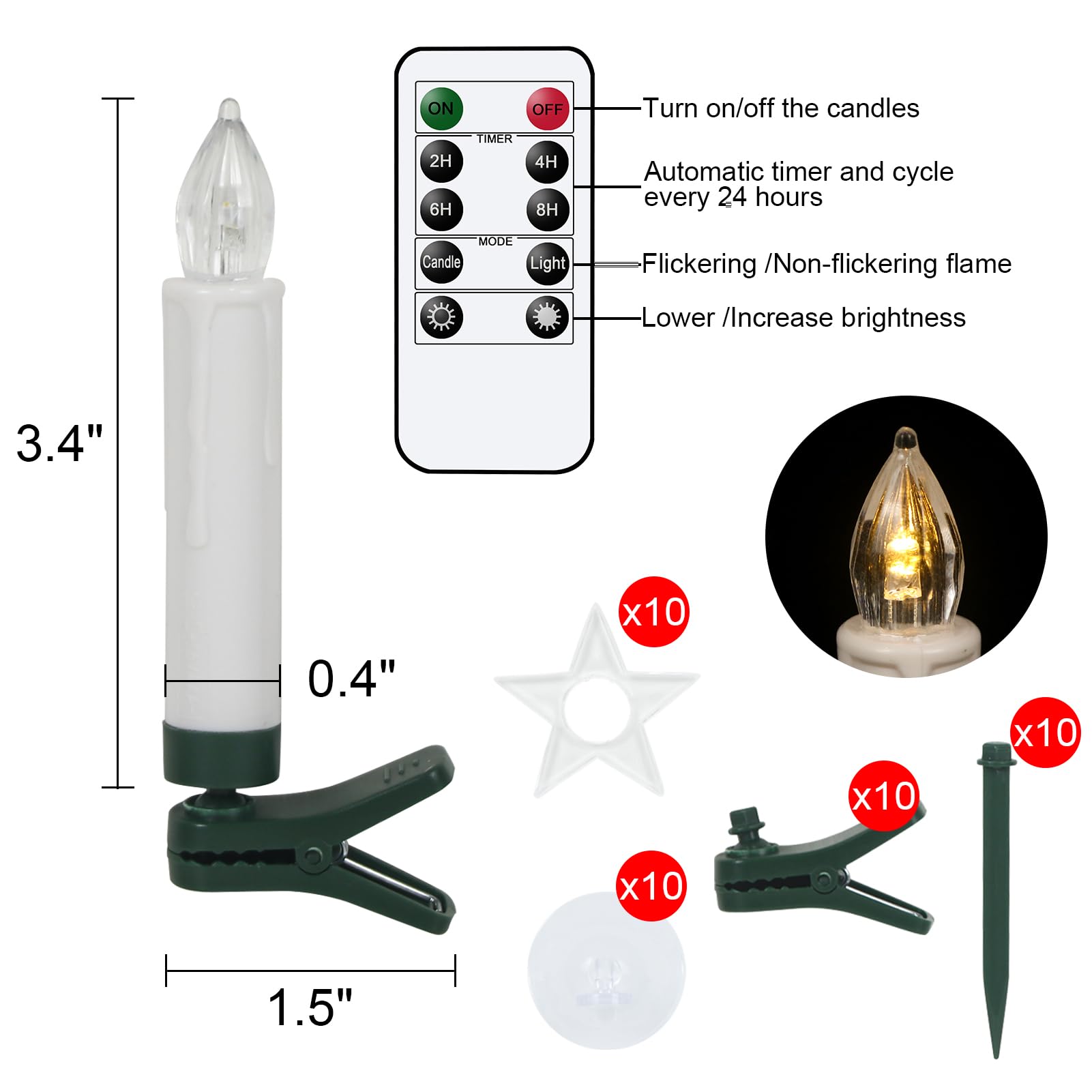 Dromance Christmas Tree Flameless Taper Candle Lights Battery Operated With 10 Key Remote And Timer, 10 Pack Plastic Flickering