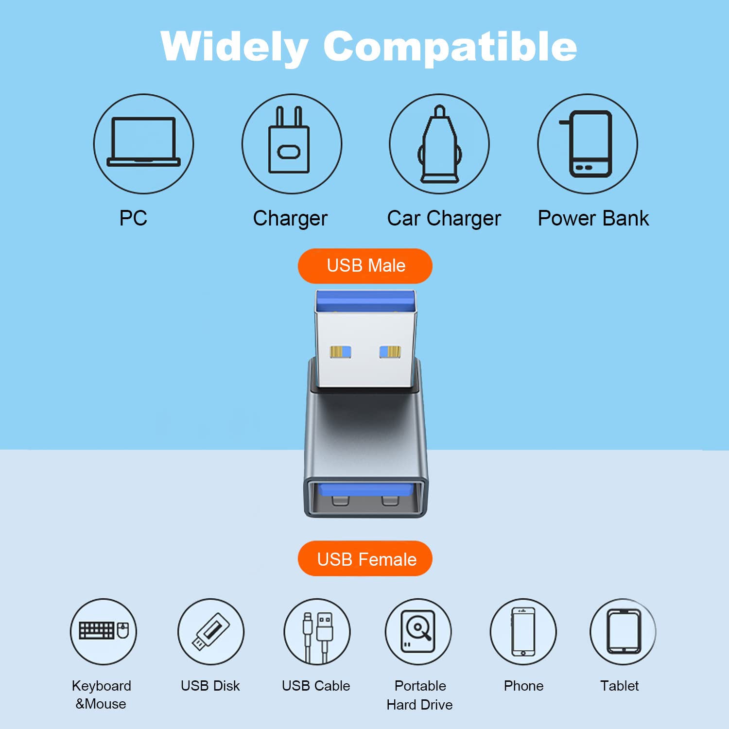 Areme 90 Degree Usb 3.0 Adapter 2 Pack, Up And Down Angle Usb A Male To Female Converter Extender For Pc, Laptop, Usb A Charger, Power Bank And More (Grey)
