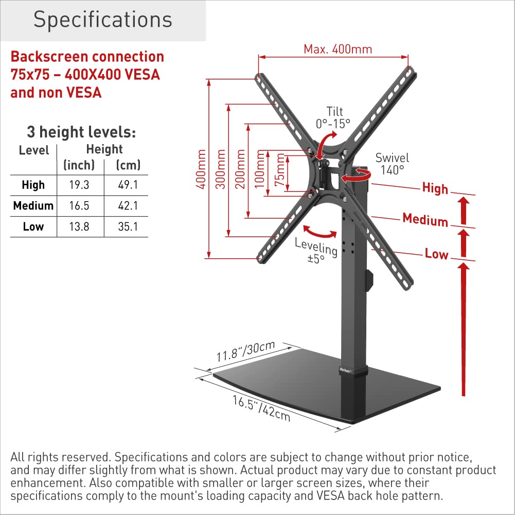 Barkan Tabletop Tv Mount, 13 65 Inch Swivel & Tilt Flat/Curved Tv Stand Base, Holds Up To 36Kg, Patented, Tempered Glass, Fits Led Oled Lcd