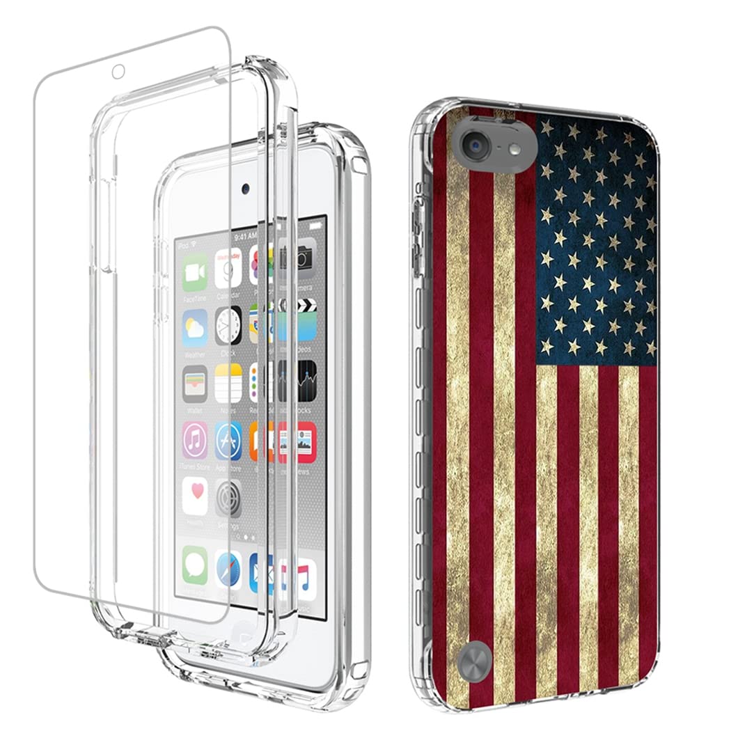 Yodueiv For Ipod Touch 6/Touch 5/Touch 7 Case With Tempered Glass Screen Protector, Full Body Shockproof Cute Clear Flag Pattern