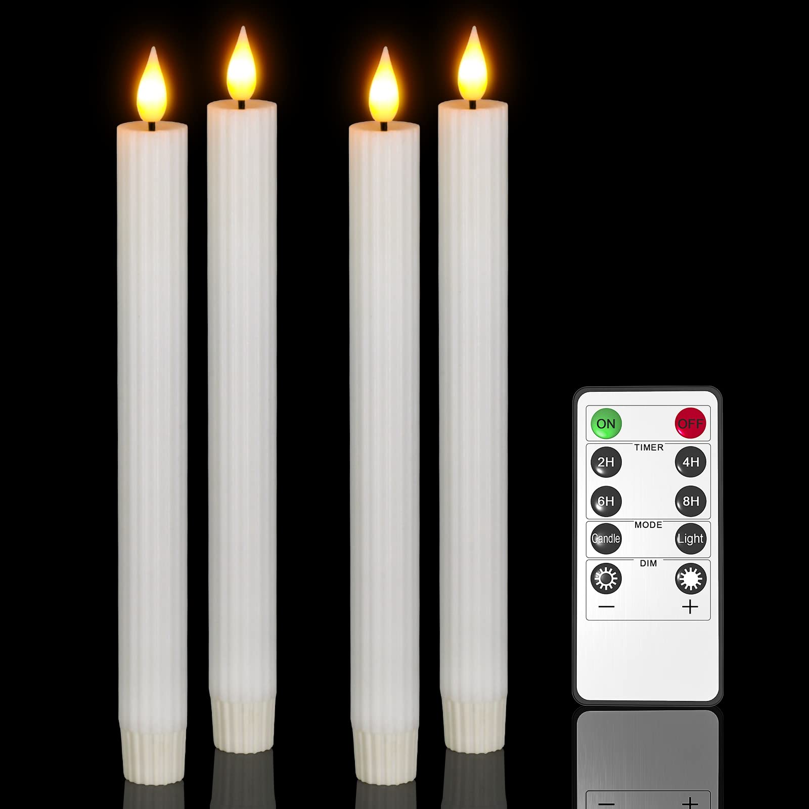 Pchero White Flameless Taper Candles With Remote And Timer, 4 Packs 9.6'' Real Wax Battery Operated Led Candle Stick Flickering