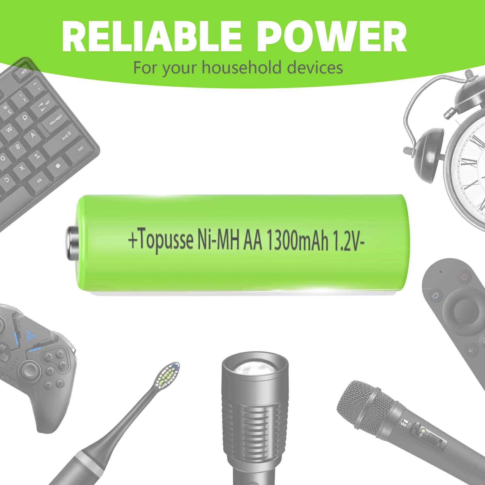 Topusse 8 Pack Rechargeble 1.2V Ni-Mh Aa Batteries, Long-Lasting Double A Size Nimh Battery 1300Mah For Outdoor Solar Lights