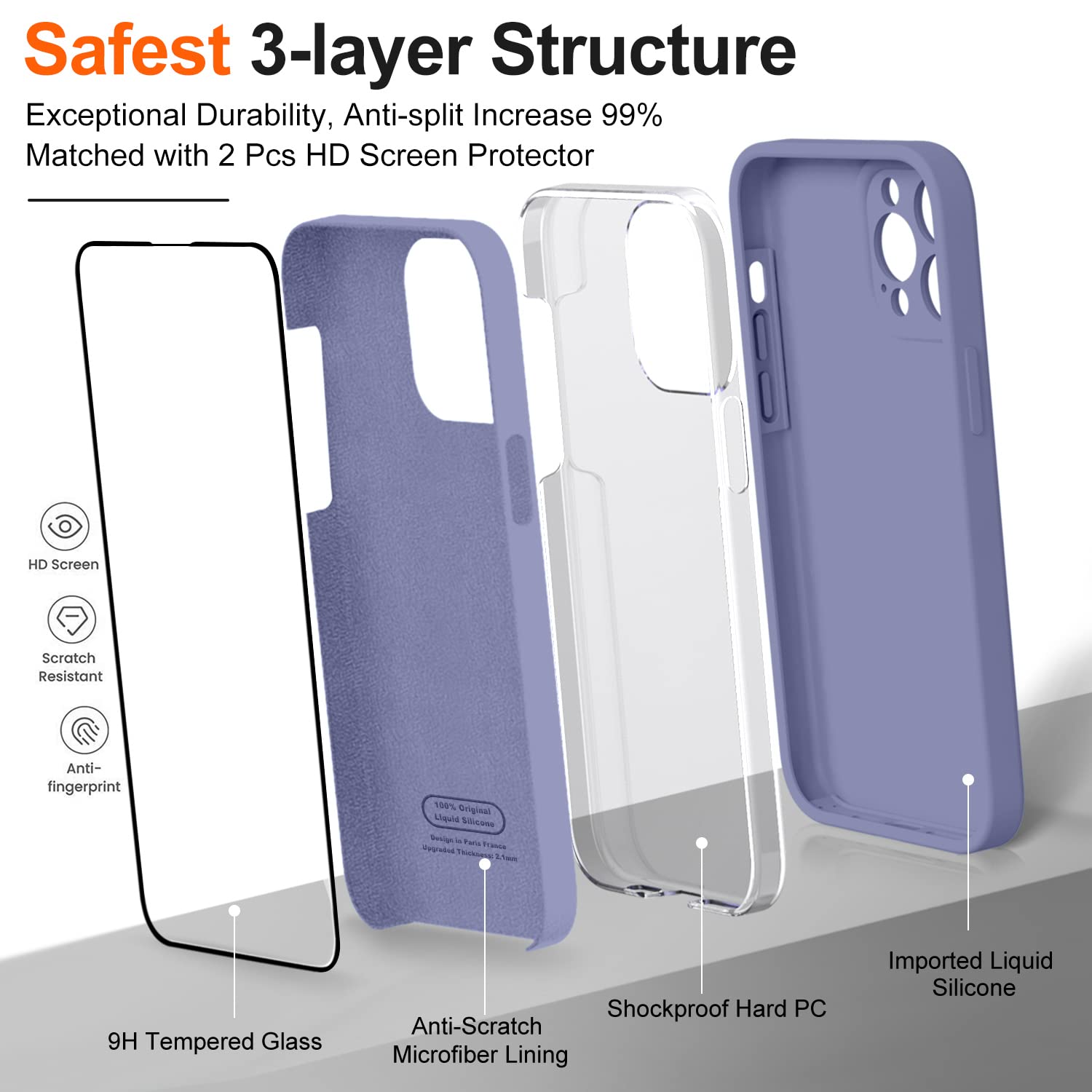 TISOOG iPhone 14 Pro Case with Camera Protection & 2 Screen Protectors, Slim Shockproof Silicone, Lavender Grey