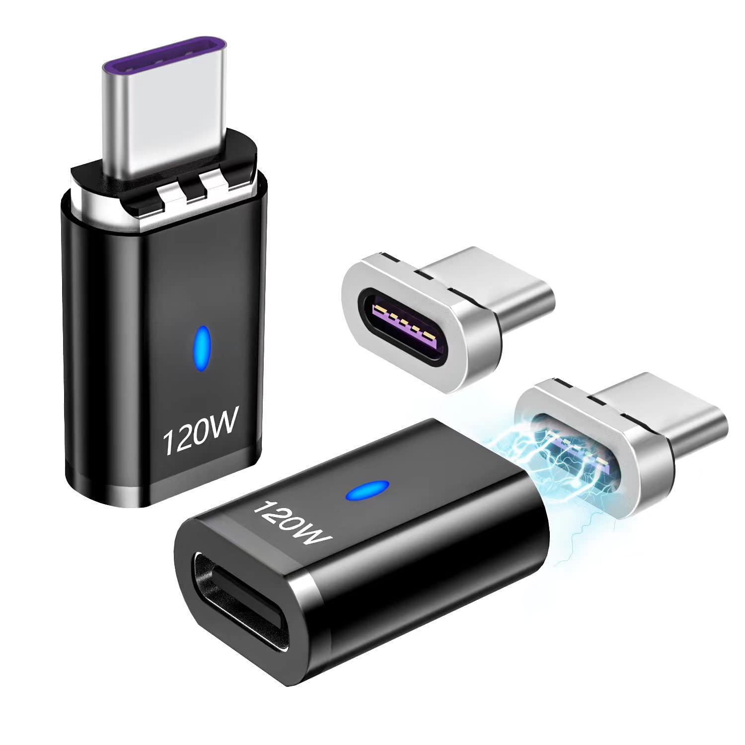 Sheeast Magnetic Usb C Adapter Straight 2 Pack, Usb C Magnetic Adapter  3 Tips 120W Fast Charging 5Pin 480Mbps Data Transmission