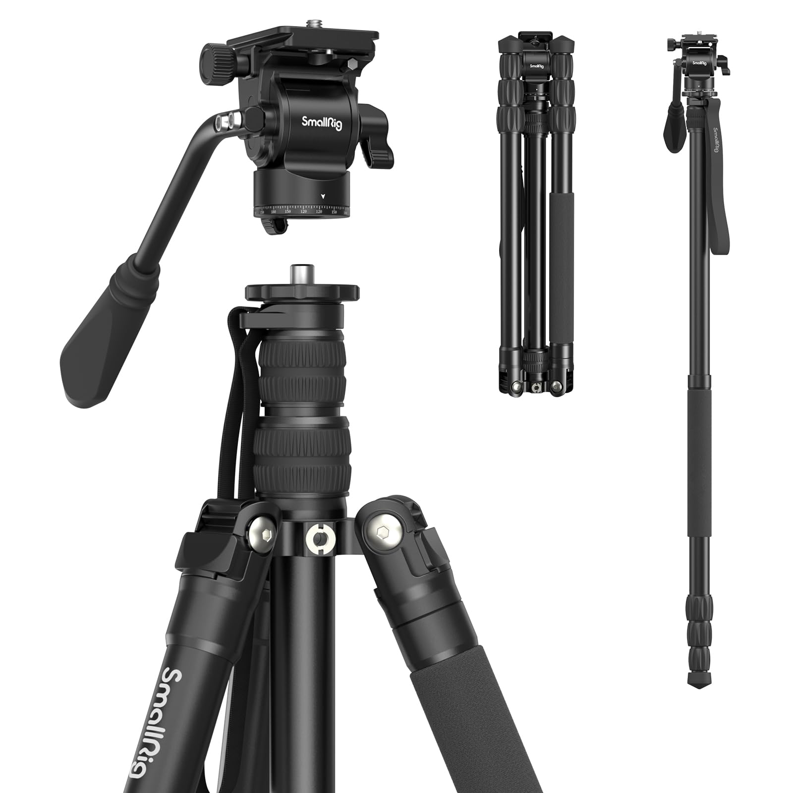SmallRig CT180 Video Tripod, 72 Camera Tripod Monopod with Fluid Head, Aluminum Camera Tripod, 360 Panorama Fluid Head for Trave