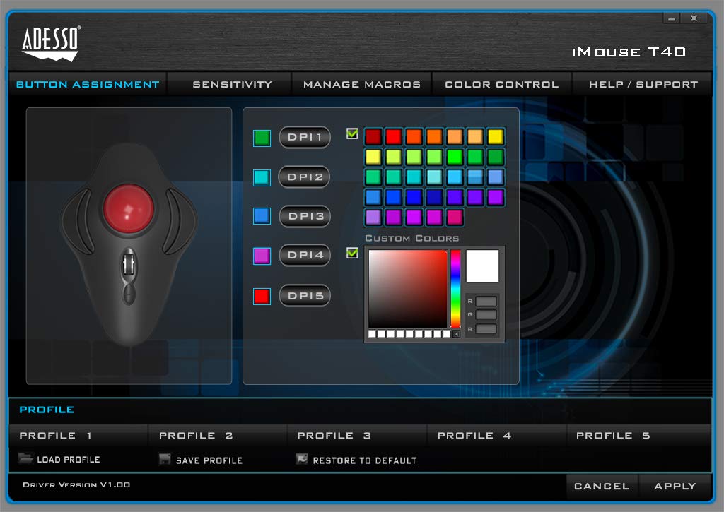 Adesso Imouse T40 Wireless Ergonomic Finger Trackball Mouse With Nano Usb Receiver, Programmable 7 Button Design, And 5 Level Dp