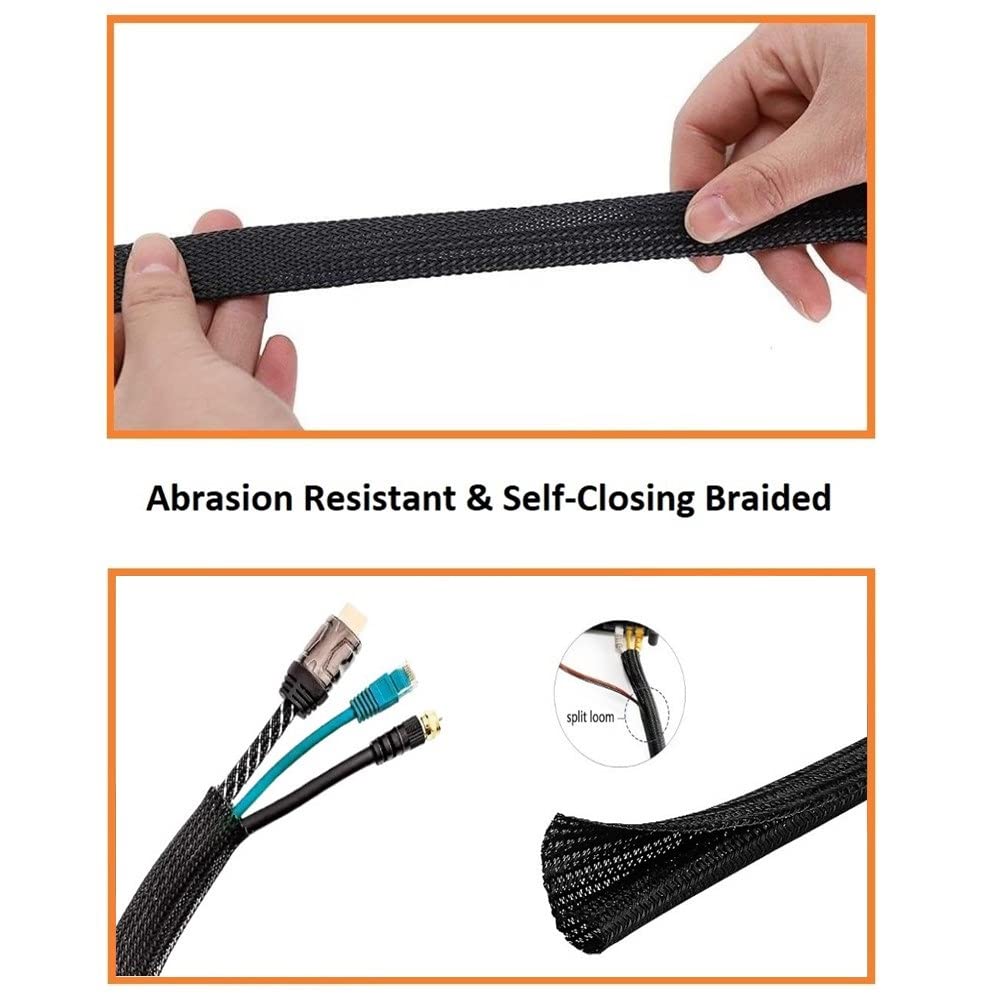 Kable Kontrol 10 Ft   1' Inch Braided Cable Sleeve   Self Closing Split Wire Wrap Cord Hider Organizer Wire Loom Tubing Cover For Automotive, Industrial Cable Management   Black