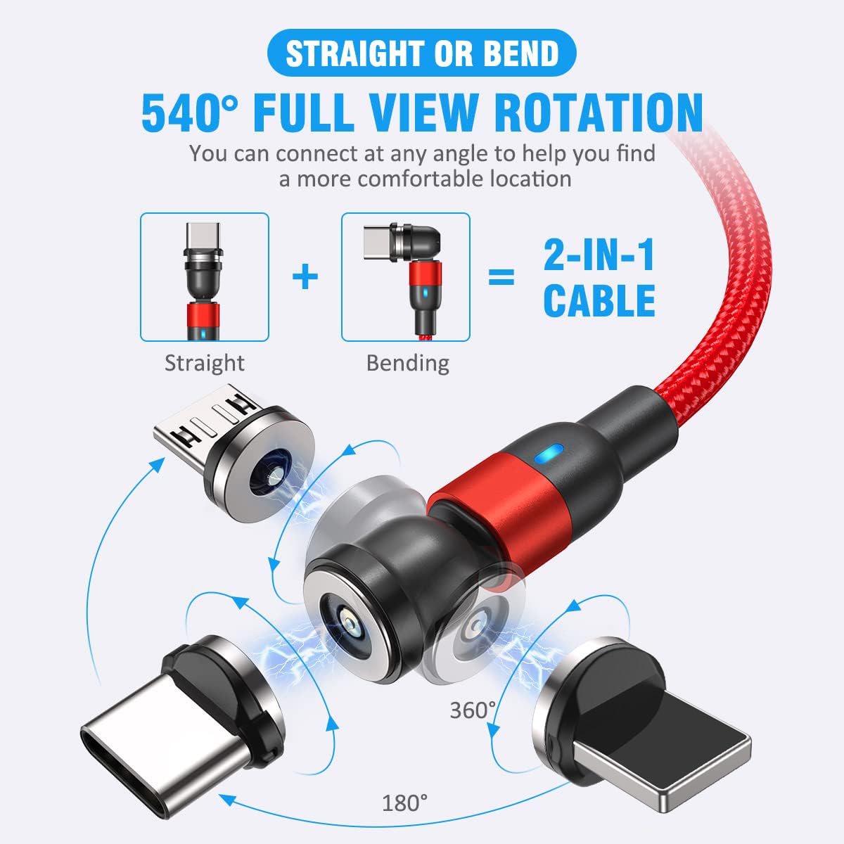 Cjoy Magnetic Charging Cable Red(4 Pack 10Ft+10Ft+10Ft+10Ft), 540�Degree Rotation Magnetic Usb Cable, Nylon Braided Magnetic Phone Charger, Charging Cable For Type C, Micro Usb