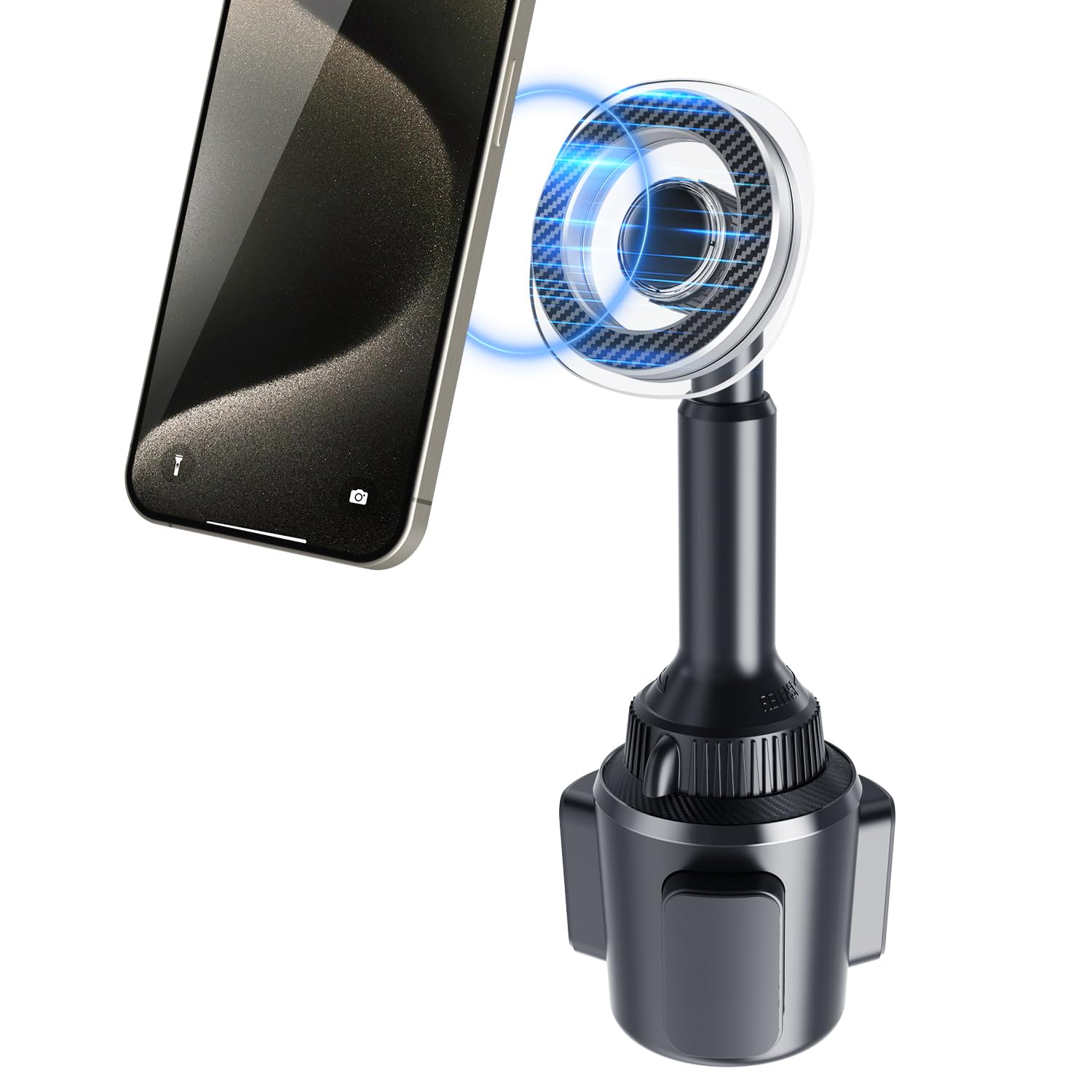 Oqtiq Phone Cup Holder For Car Mount Compatible With Magsafe, Quick Extension Long Arm And 360 Rotation - Stable & Secure For Ip