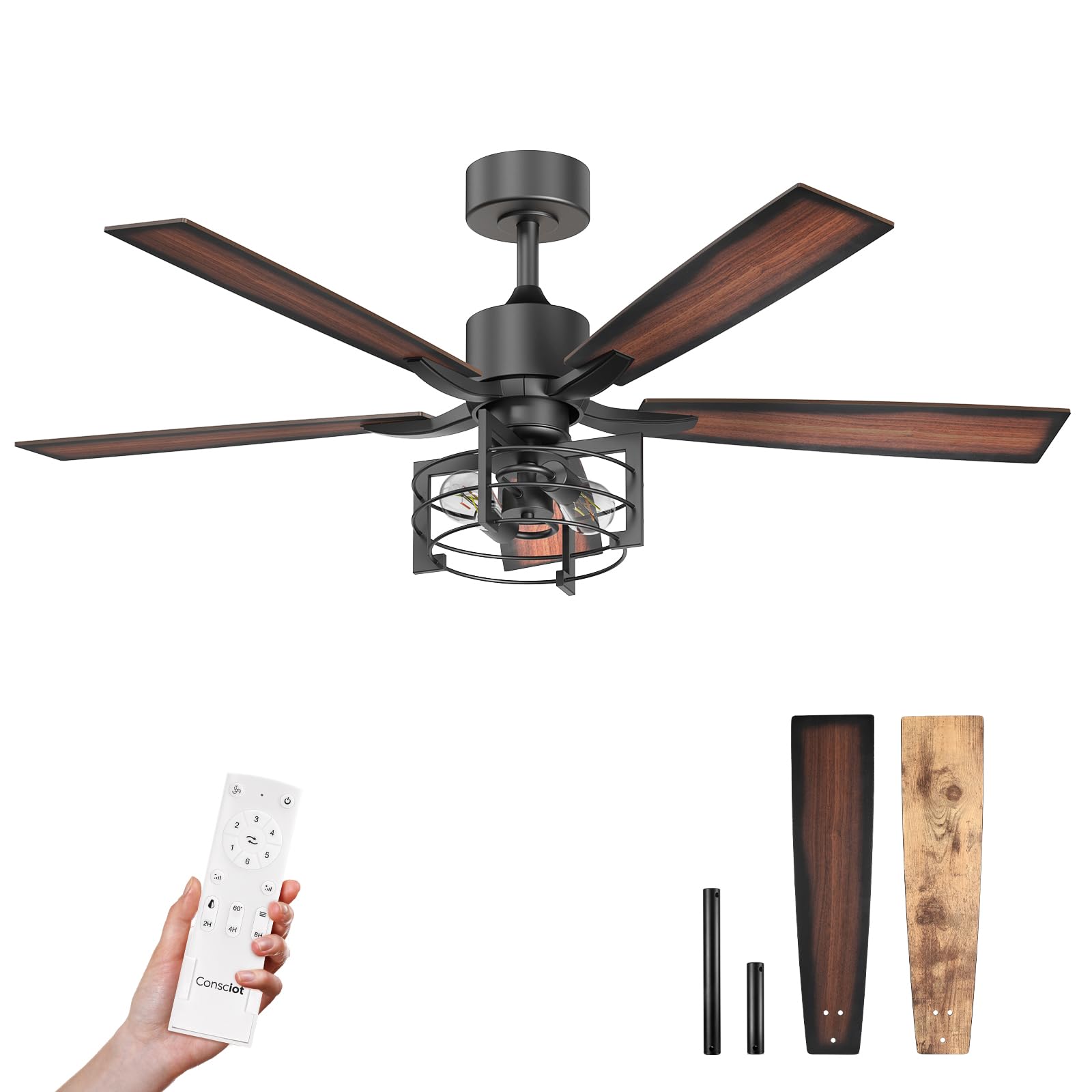 Consciot 52 Inch Ceiling Fans With Lights Remote, Modern Farmhouse Caged Ceiling Fan, Reversible Motor, 5 Double Finish Wood Bla