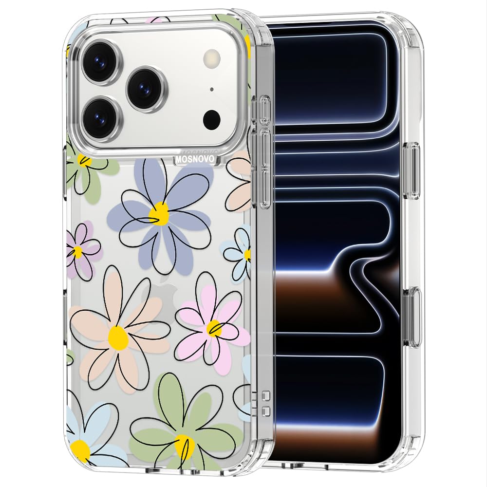 MOSNOVO for iPhone 17 Pro Case | Military Grade 6.6ft Drop Tested | Camera Control | Clear with Linear Blooms Design