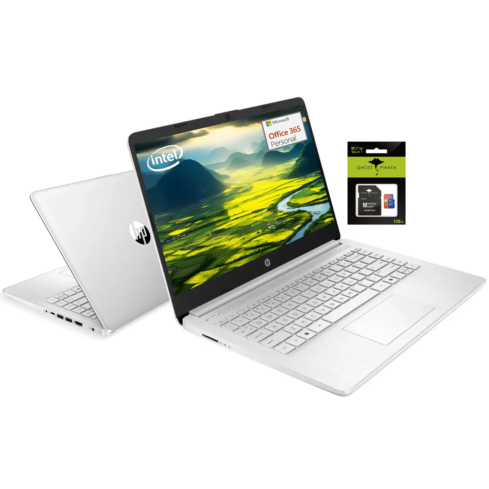 HP 14 Student-Laptop, Intel Processor N150(Up to 3.6GHz) 16GB RAM 256GB Storage(128GB UFC + 128GB Ghost Manta SD Card) Computer 