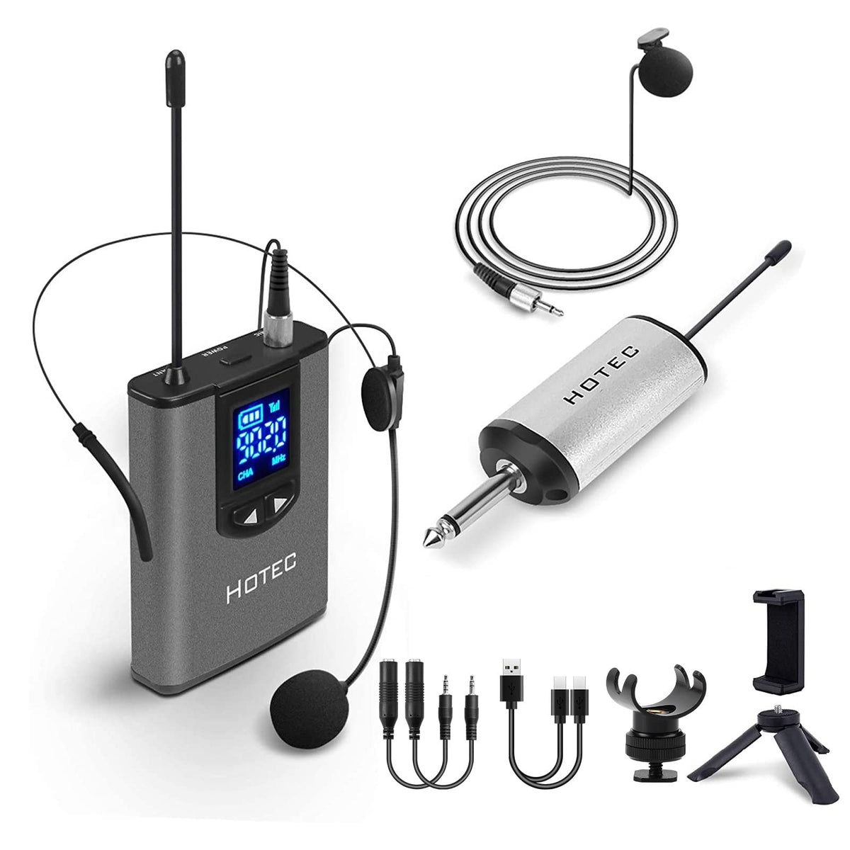 Hotec Uhf Wireless Headset Microphone/Lavalier Lapel Mic With Bodypack Transmitter And Mini Rechargeable Receiver 1/4'' Output F