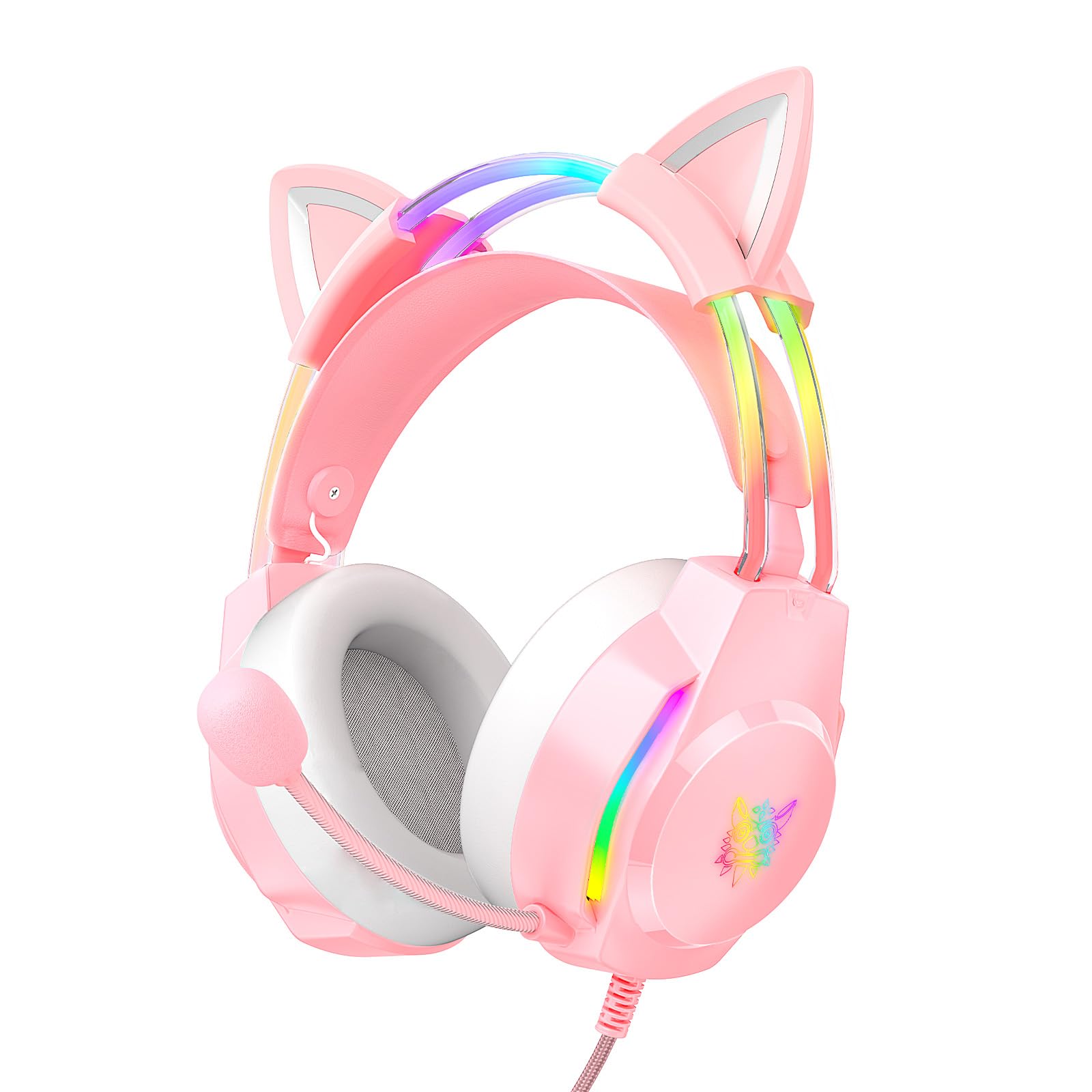ONITOON Gaming Headset with Microphone, Cat Ear Headphones for PC Laptop PS4 PS5 Xbox Switch, Pink, Rainbow RGB Lighting & Virtu