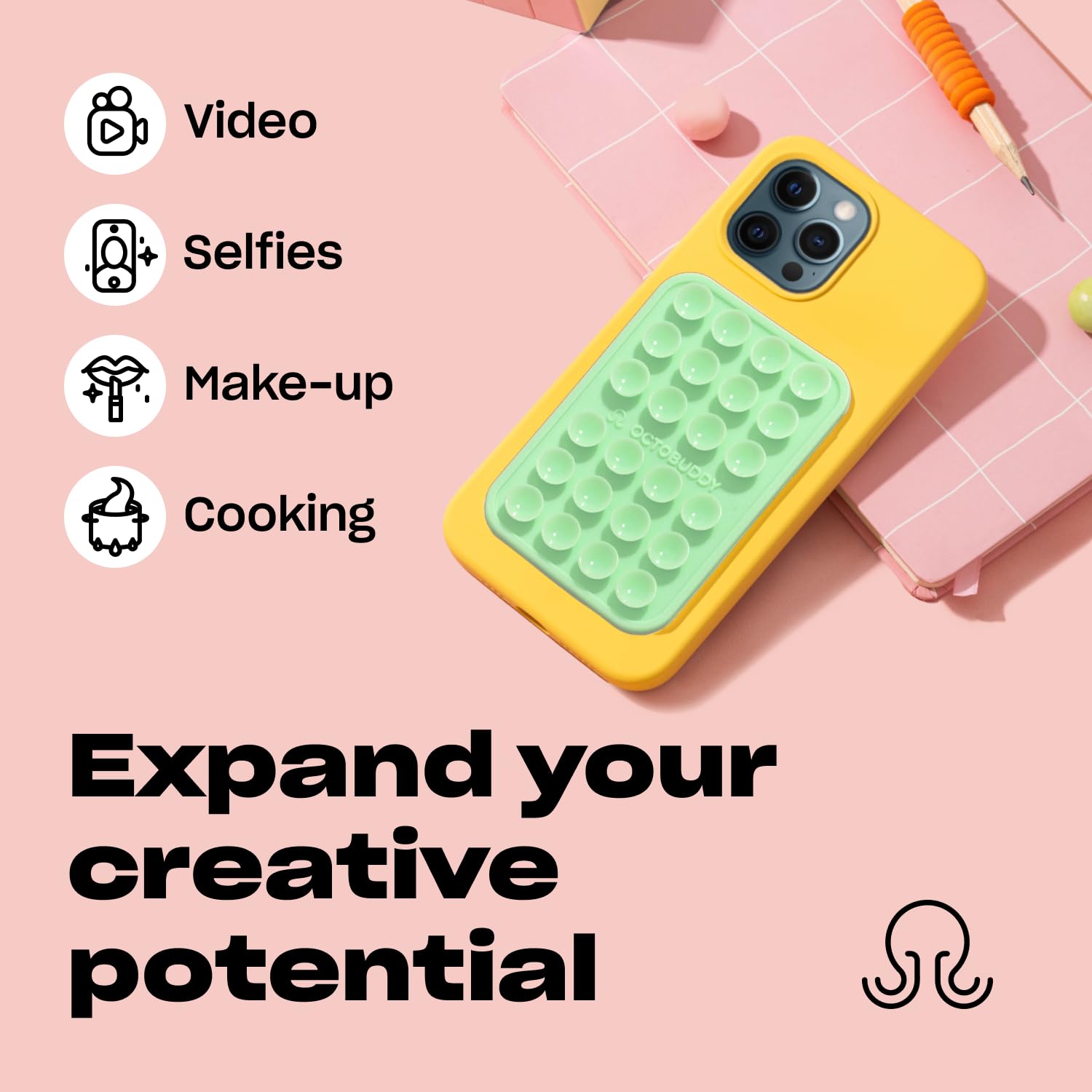 Octobuddy Classic Max - Silicone Suction Phone Case Adhesive Mount - Hands-Free, Strong Grip Holder For Selfies And Videos - Iph