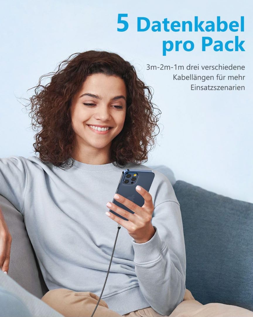 Idison [Mfi Certified Iphone Charger, 5Pack(3/3/6/6/10Ft) Iphone Charging Cable Nylon Braided Fast Charging Cord Compatible For Iphones/Pad Blackgrey