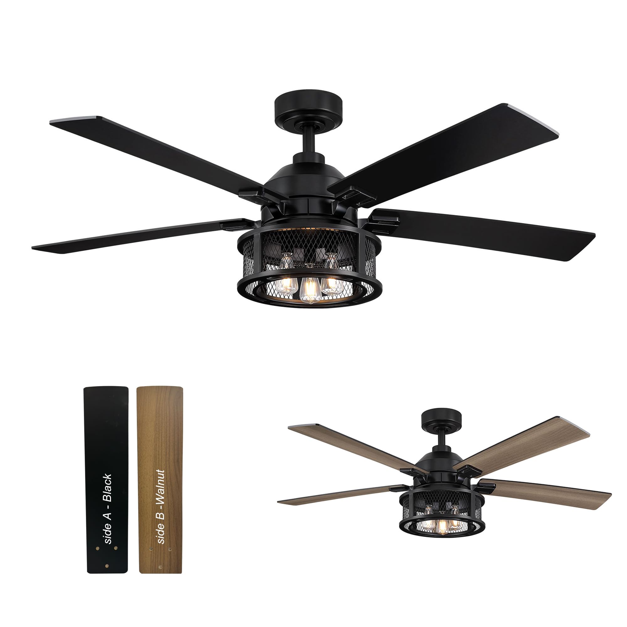 Ceiling Fans with Lights 52 Ceiling Fan with Remote Farmhouse Black Ceiling Fan for Covered Outdoor, 5 Reversible AC Motor Indus