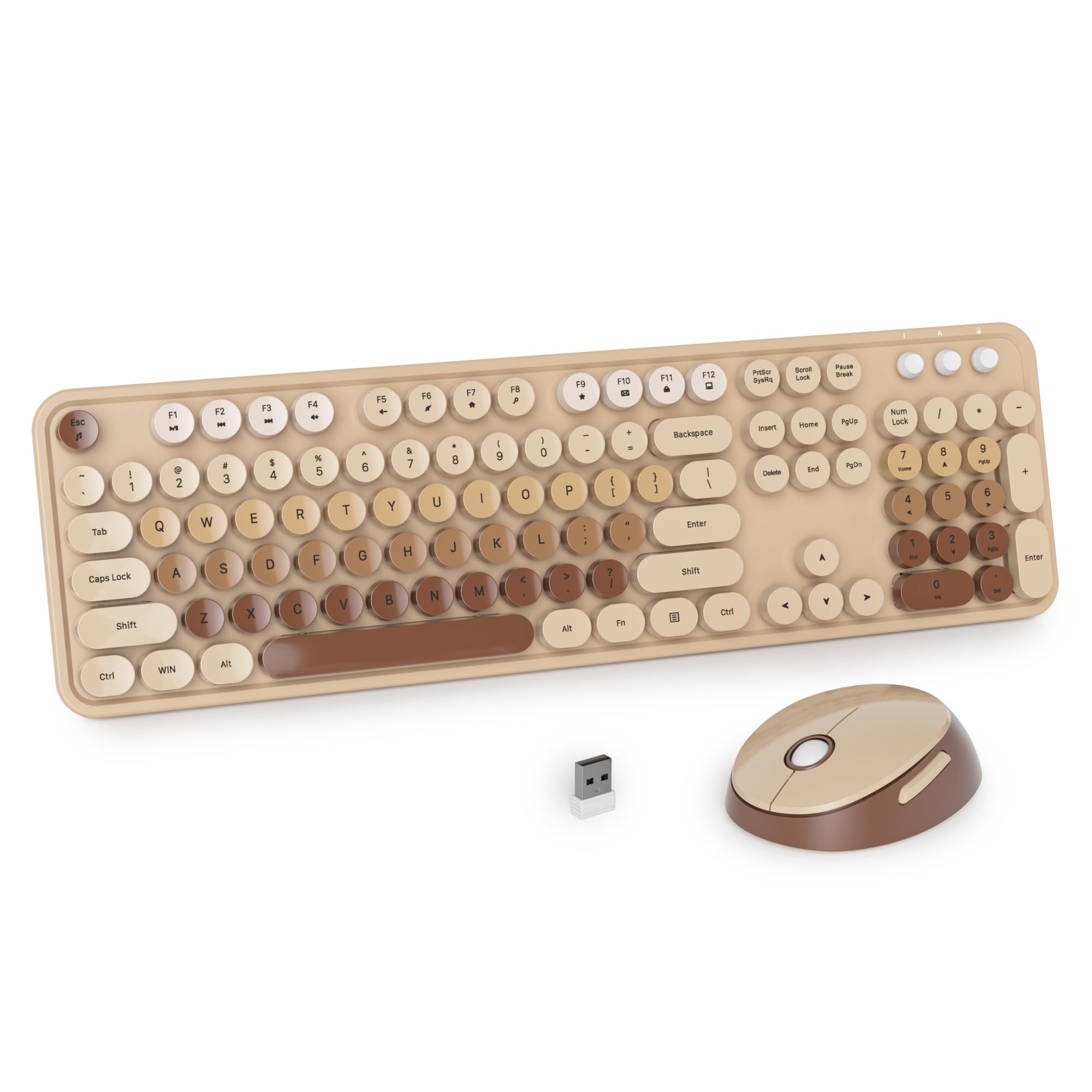 iRoboosta Brown Colorful Wireless Keyboard and Mouse Combo Set, 2.4GHz Cute Typewriter Keyboard with Round Keycaps, Full Size wi