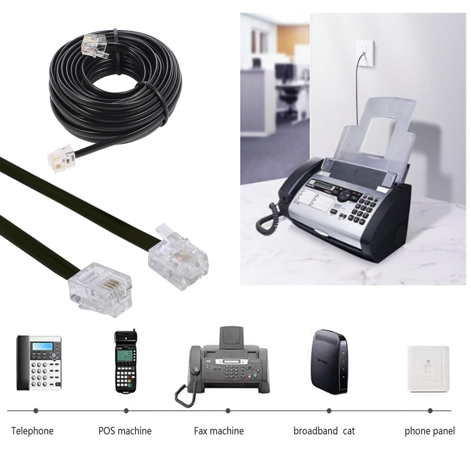 Seefeful 20 Feet Long Telephone Extension Cord Phone Cable Line Wire, With Standard Rj11 Plug And 1 In Line Couplers And 15 Cabl