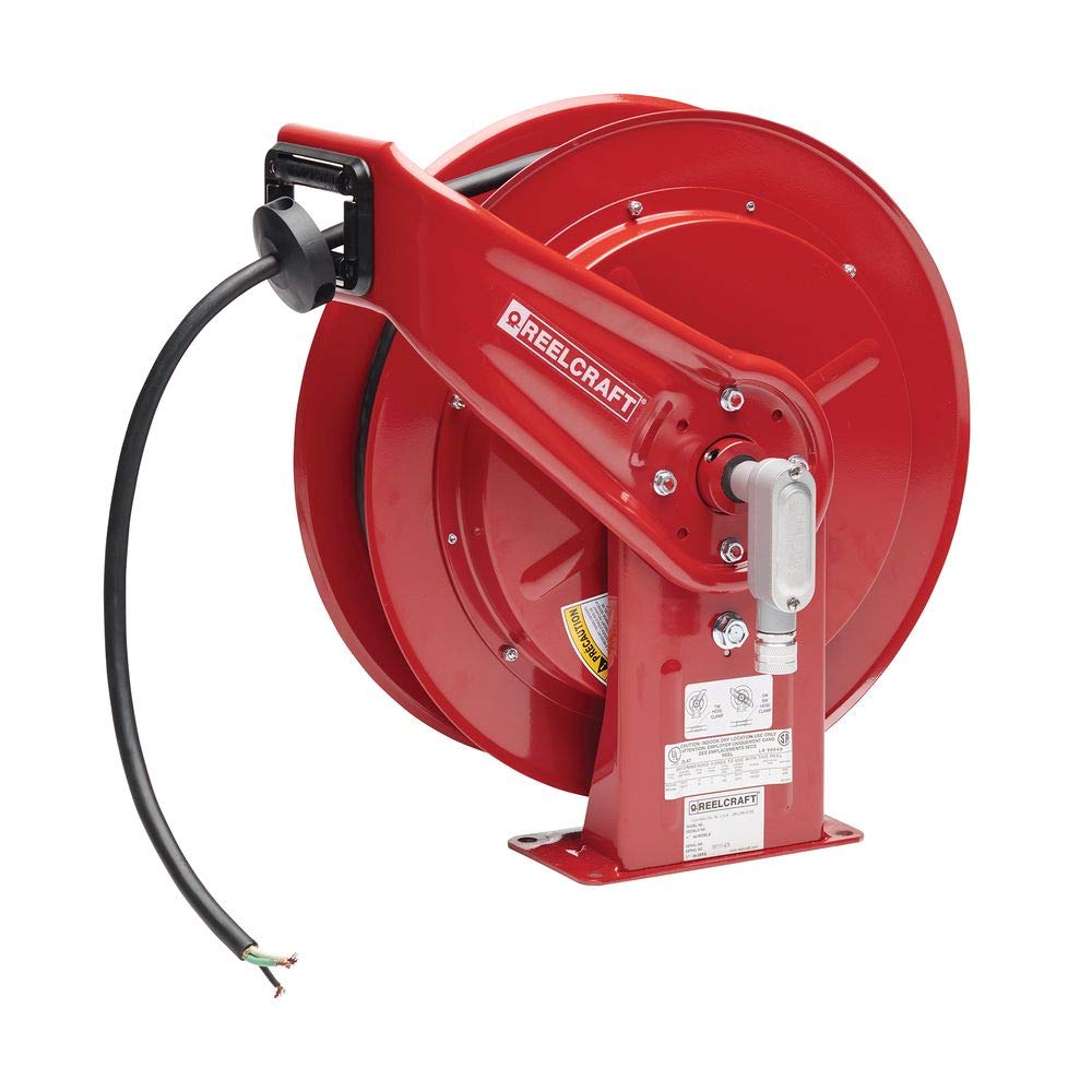 Reelcraft L 70100 123 X Spring Retractable Cord Reel, 12 AWG/3 Conductors x 100, 20 AMP, Flying Leads