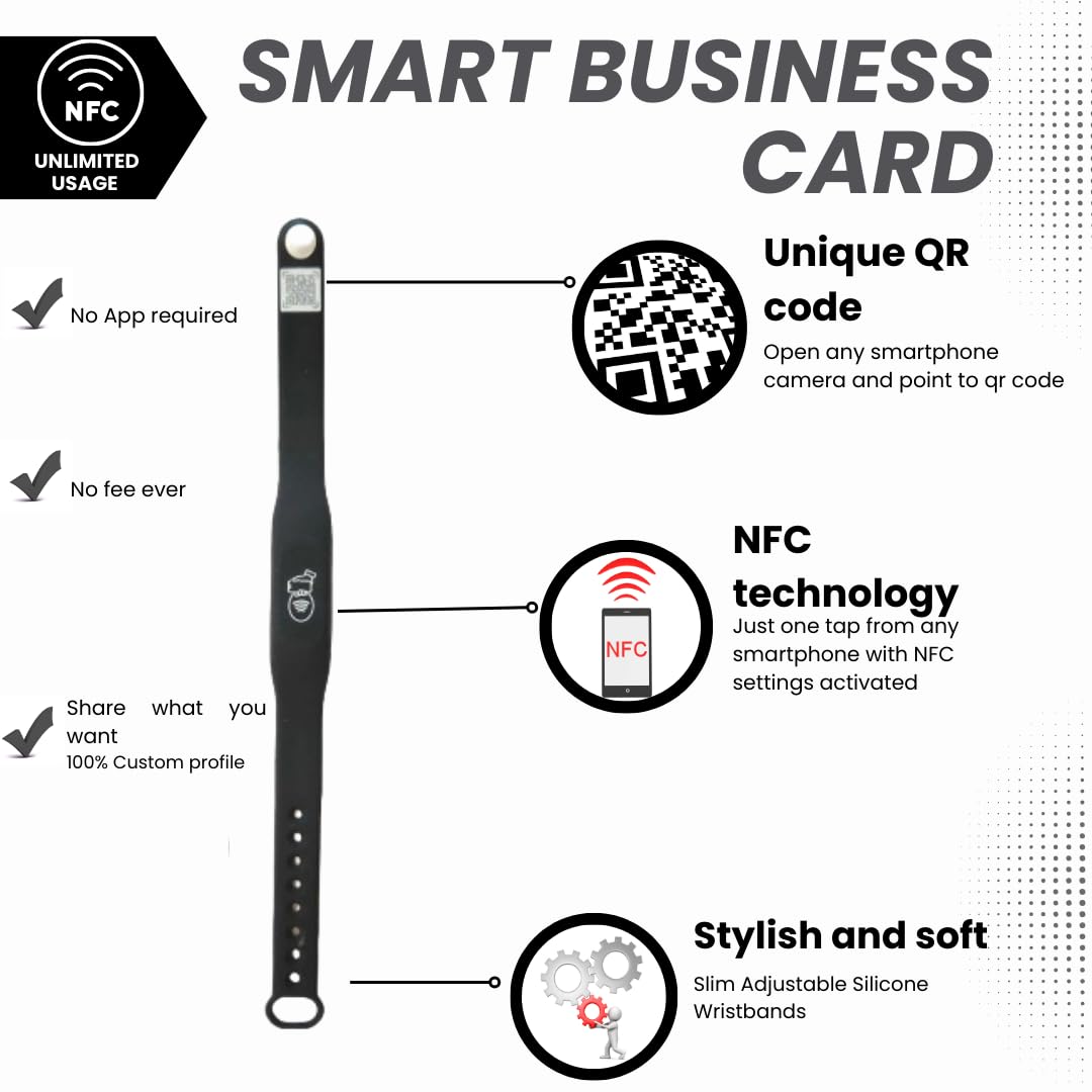 Tap Wrist Band - Nfc Tags Digital Business Card - Tap Nfc & Scan Qr Code Bracelet - No Fee, No Subscription - Works On Iphone, A
