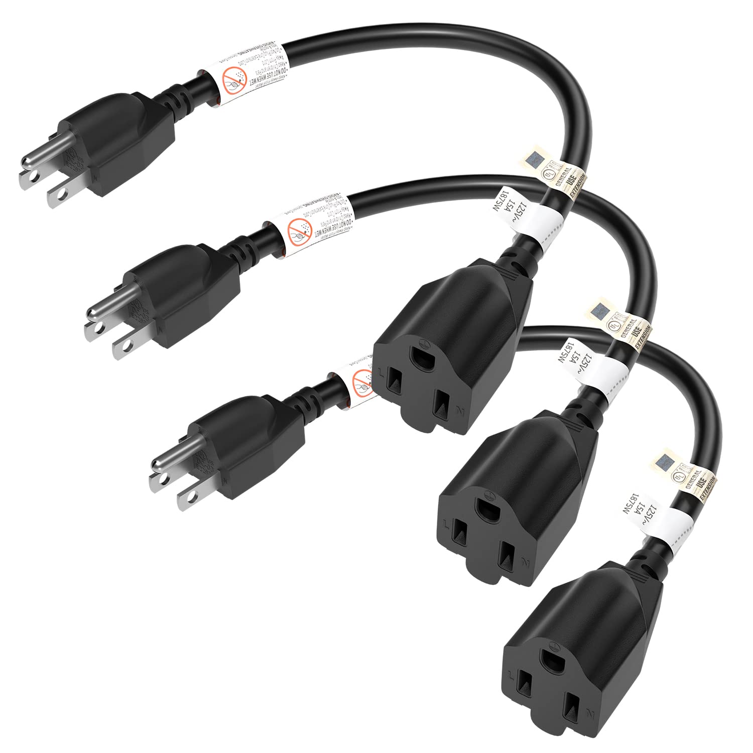 Firmerst 15 Amp 1 Foot 3 Prong Extension Cord 14 Gauge 1875W Ul Listed Black, 3 Pack