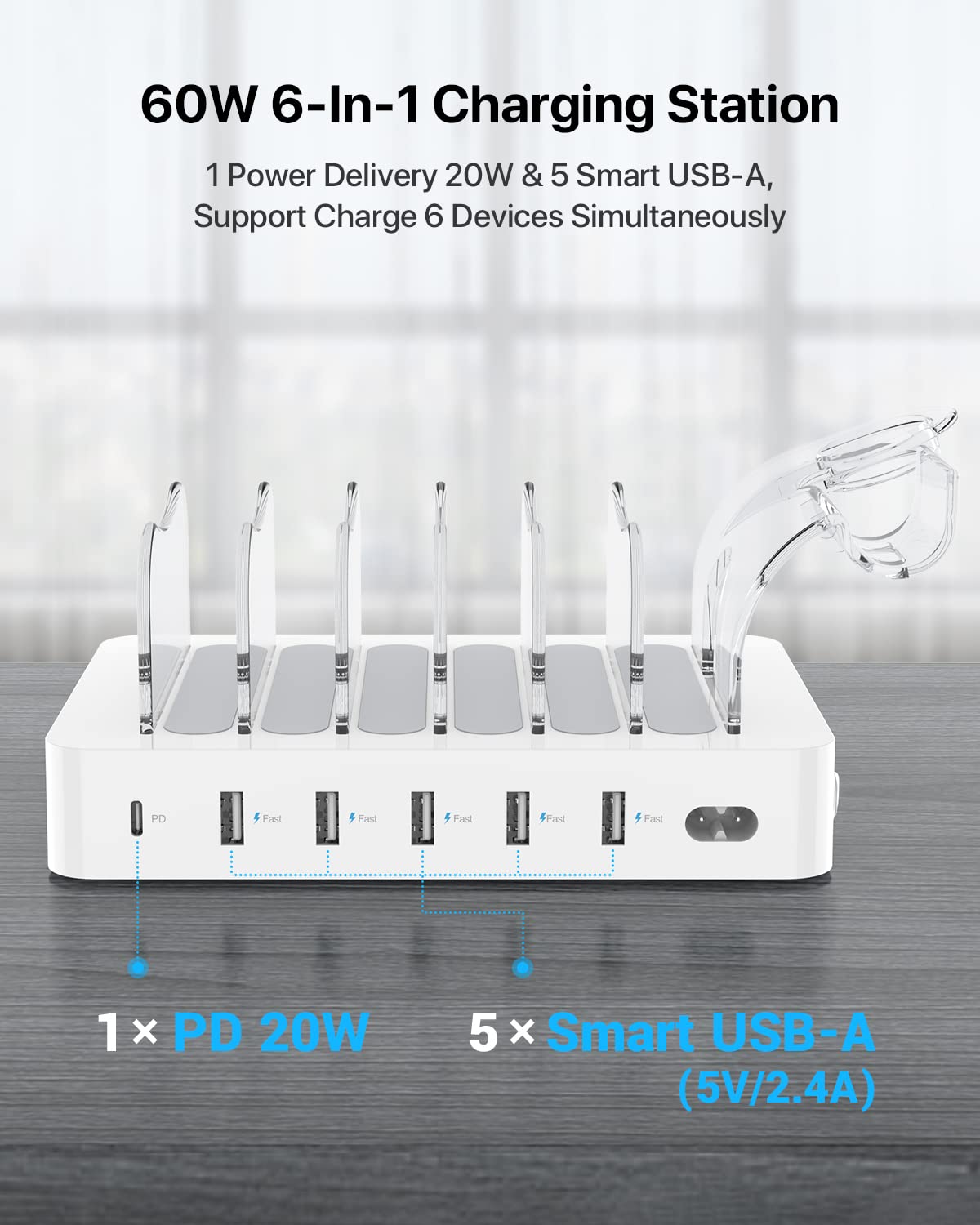 Soopii 60W 6 Port Charging Station For Multiple Devices, Pd 20W Usb C Fast Charging For Lphone 14/13/12,6 Short Cables Included,