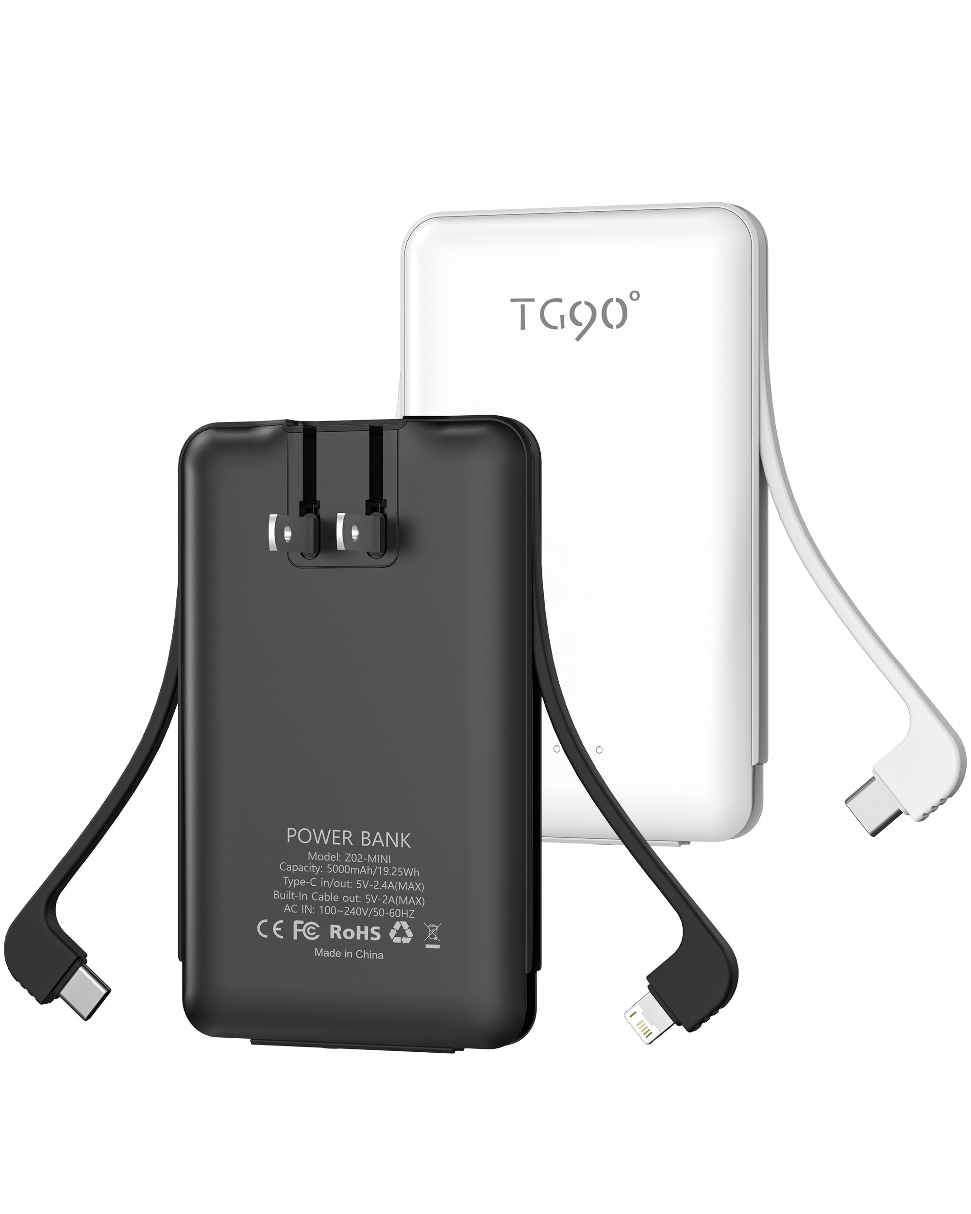 Tg90 2 Pack Portable Charger With Built In Foldable Ac Wall Plug And Cables, 5000Mah 3 Outputs Battery Pack Mini External Power