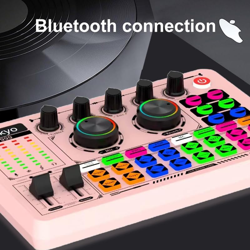 F999 Pink Live Streaming Sound Card, Professional Audio Mixer, Voice Changer Soundboard With Audio Interface, Bluetooth, Noise R