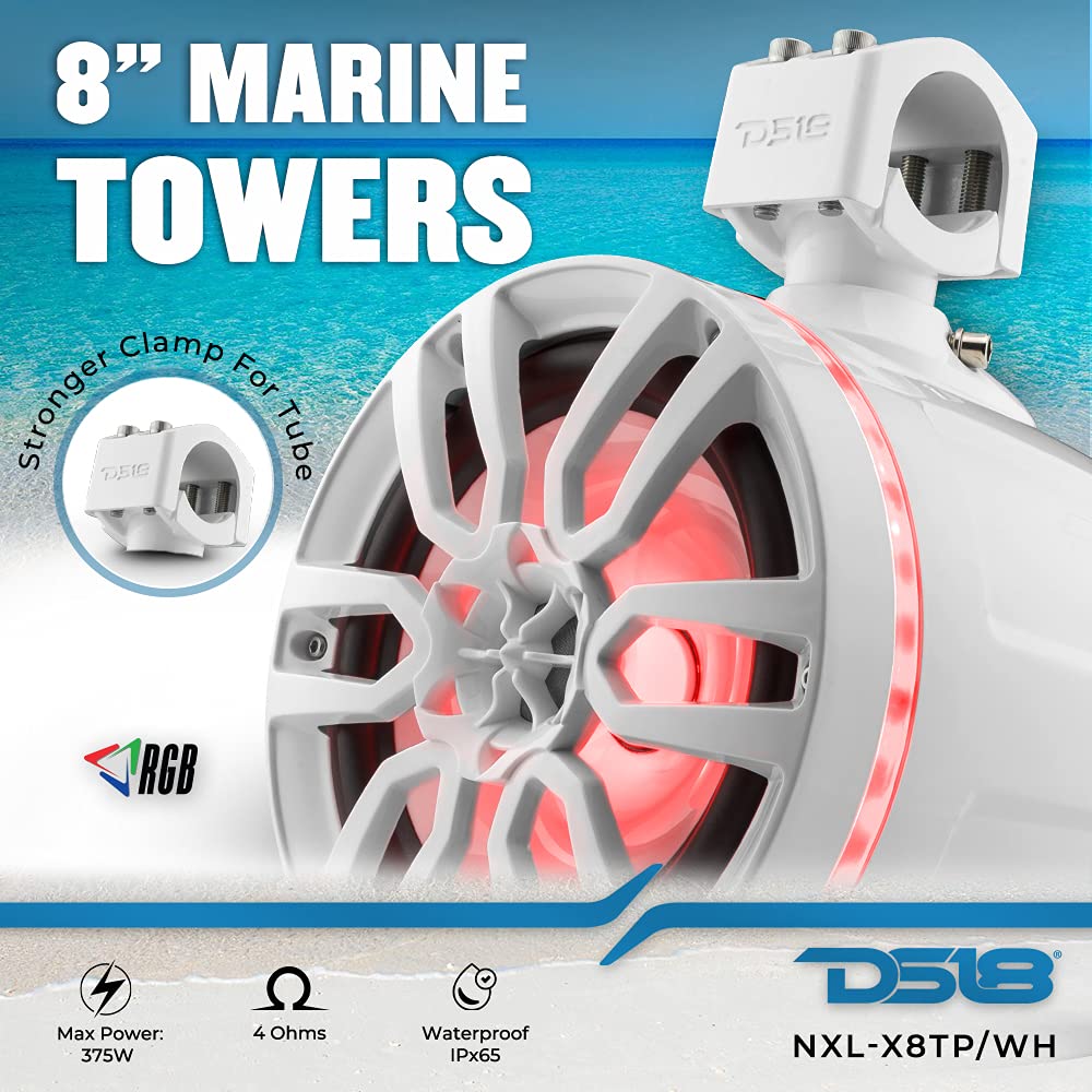 Ds18 Nxl X8Tp/Wh Hydro 8'' Marine Water Resistant Wakeboard Towers Speakers With Integrated Rgb Led Lights   375 W Max 125 W Rms