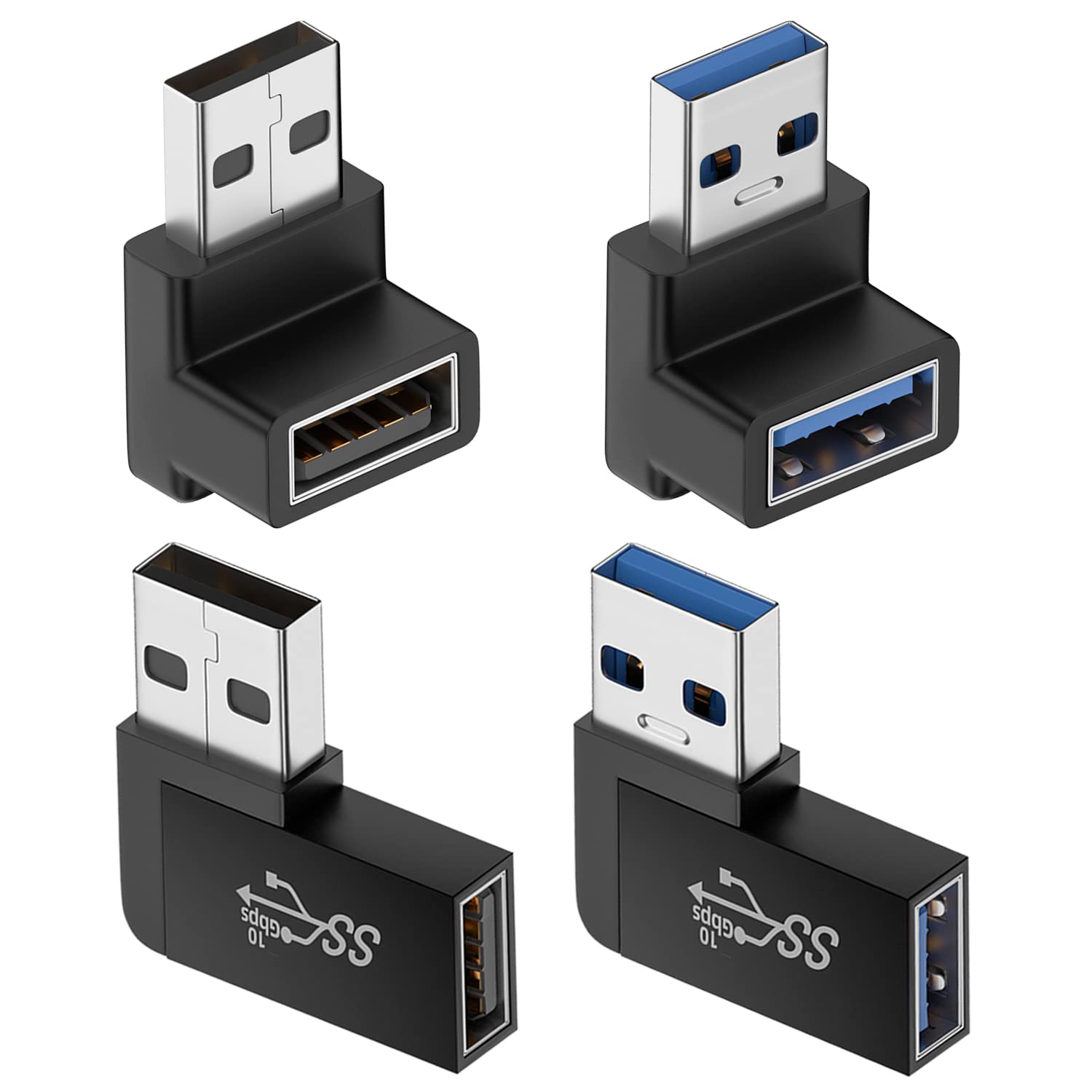 Jadebones 90 Degree USB 3.0 Adapter (4 Pack), Vertical Up and Down Angle, Horizontal Left and Right Angle USB Male to Female Ext