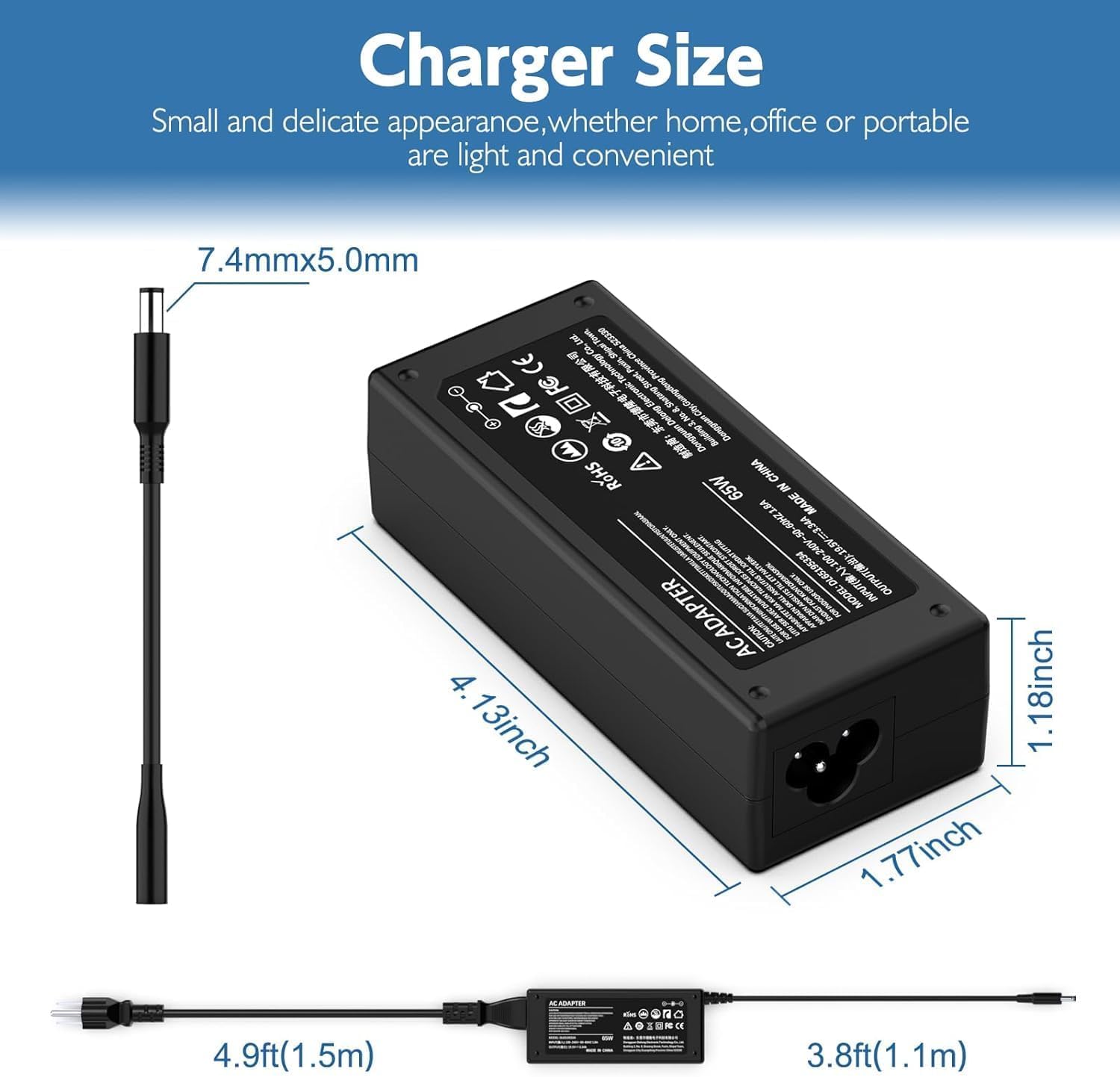 65W Laptop Charger For Dell Inspiron 13 14 15 16 17 3000 5000 7000 Series; Latitude 3310 3420 3540; Vostro 3425 3520 5630 Power Supply Cord For Dell Laptops With Round Power Connector