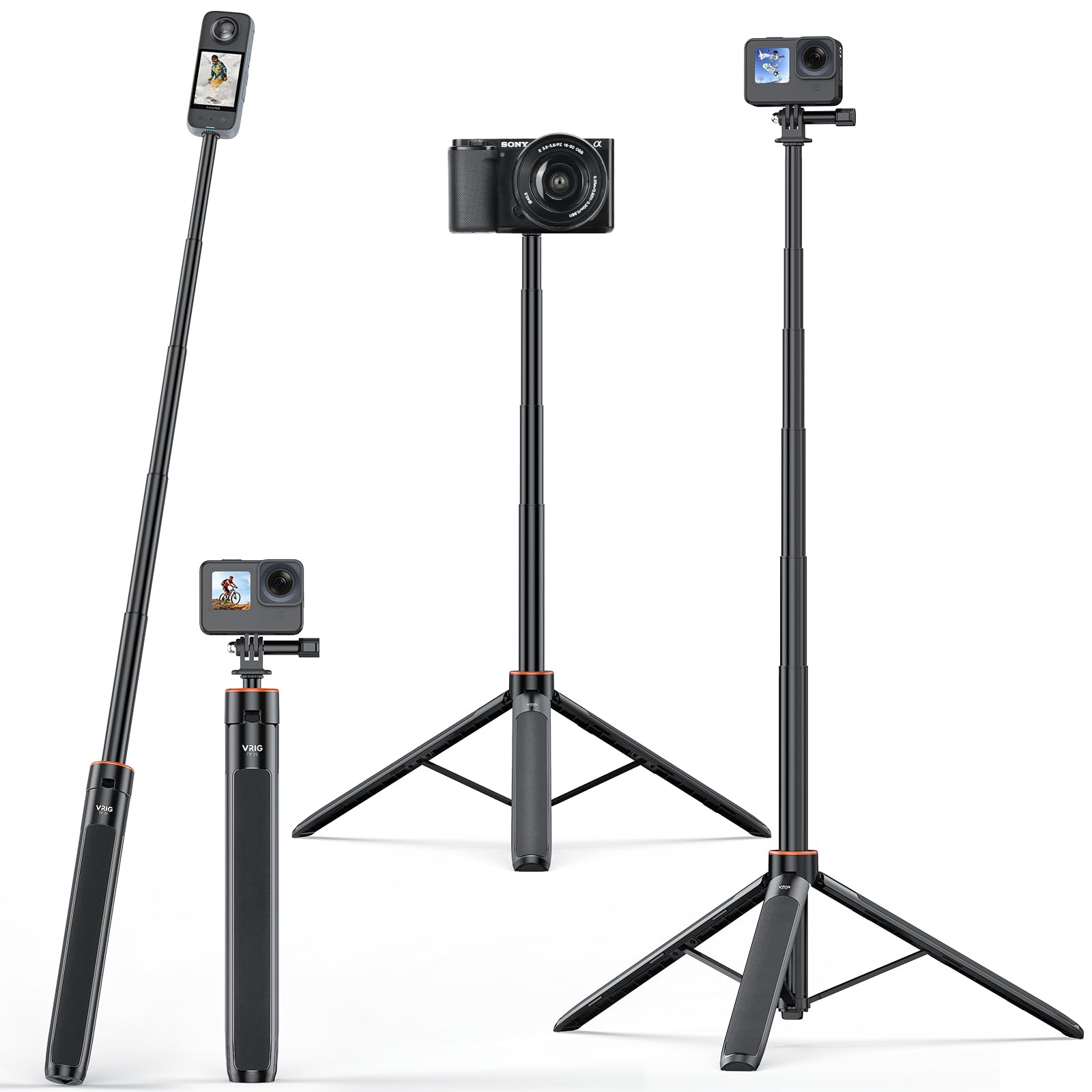 Uurig Tp21 54Inch Telescopic Selfie Stick Long With Tripod, Waterproof Hand Grip, For Insta360 Gopro Hero 10 9 8 7 6 5 4 3 2, Fusion, Max, Session, Akaso, Sjcam, Dji Osmo Gopro