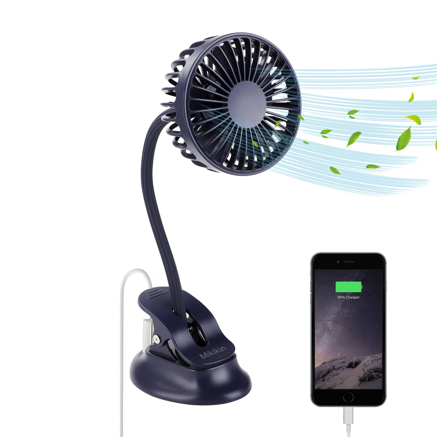 Mikikin Clip On Small Mini Fan, Portable Usb Battery Operated Rechargeable Quiet Personal Desk/ Baby Stroller Fan 3 Speeds Flexi
