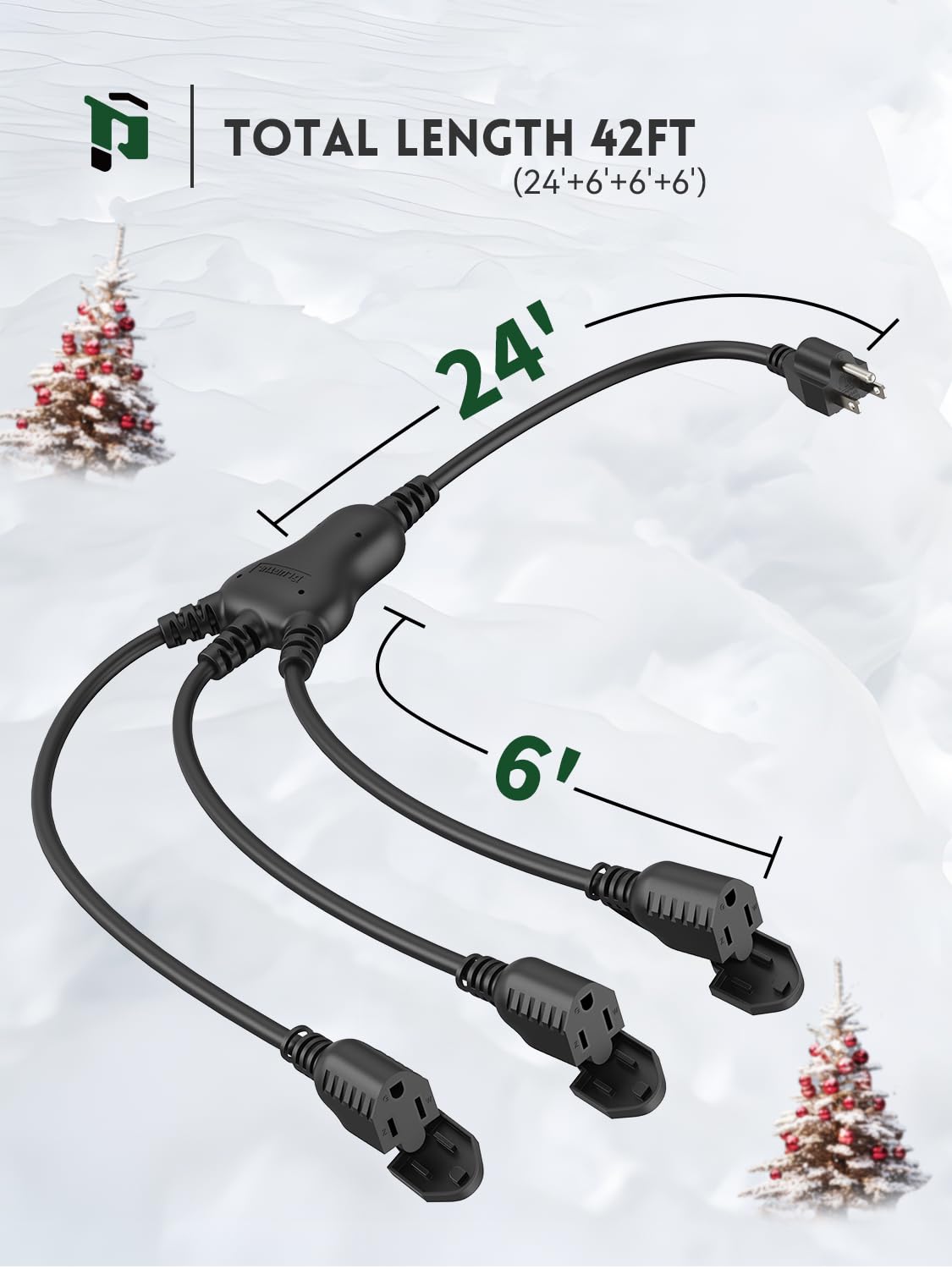 Plugtul 42Ft Outdoor Extension Cord With Multiple Outlets, 1 To 3 Splitter Max 30Ft End To Male Plug (Total 42Ft) 16/3 Sjtw Wate
