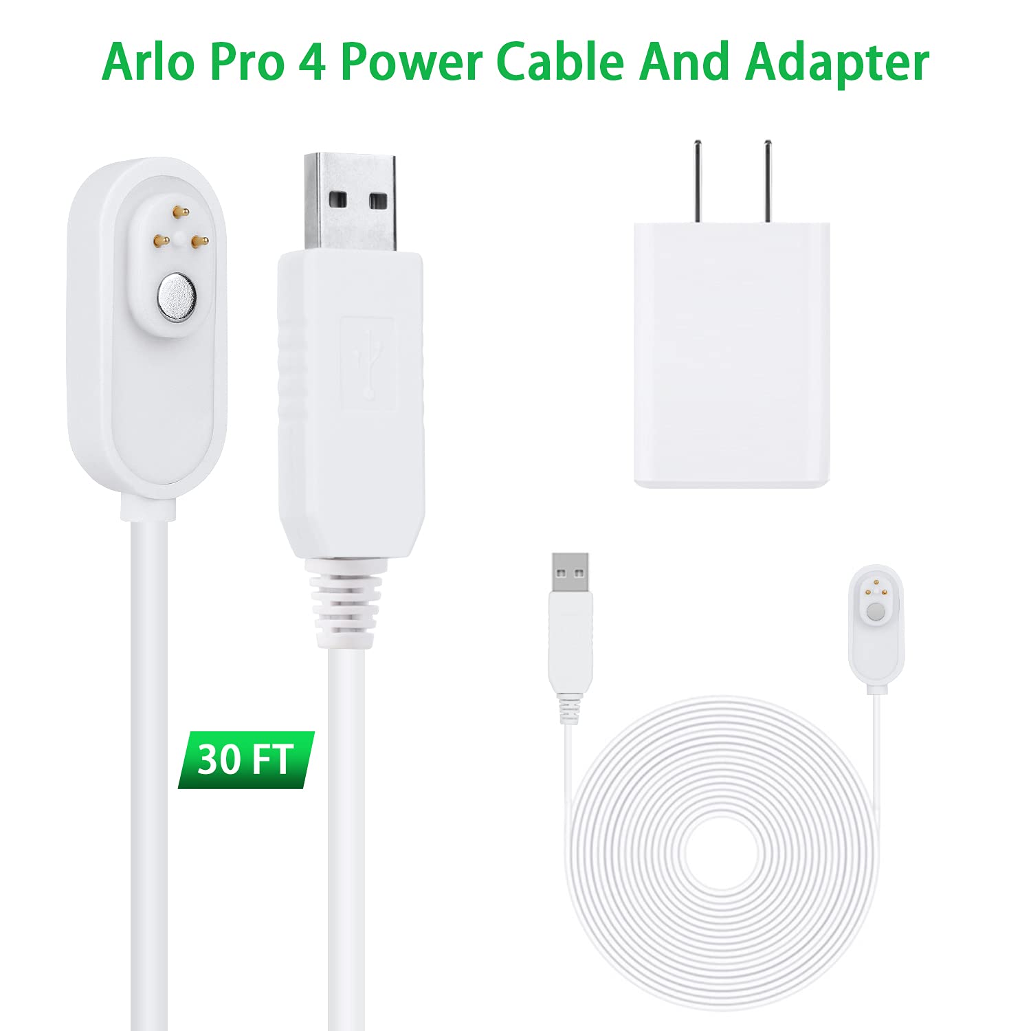 2Pack 30Ft Magnetic Charging Cable With Power Adapter For Arlo Pro 3, Pro 3 Floodlight, Arlo Pro 4, Arlo Pro 5S, Arlo Ultra, Arl