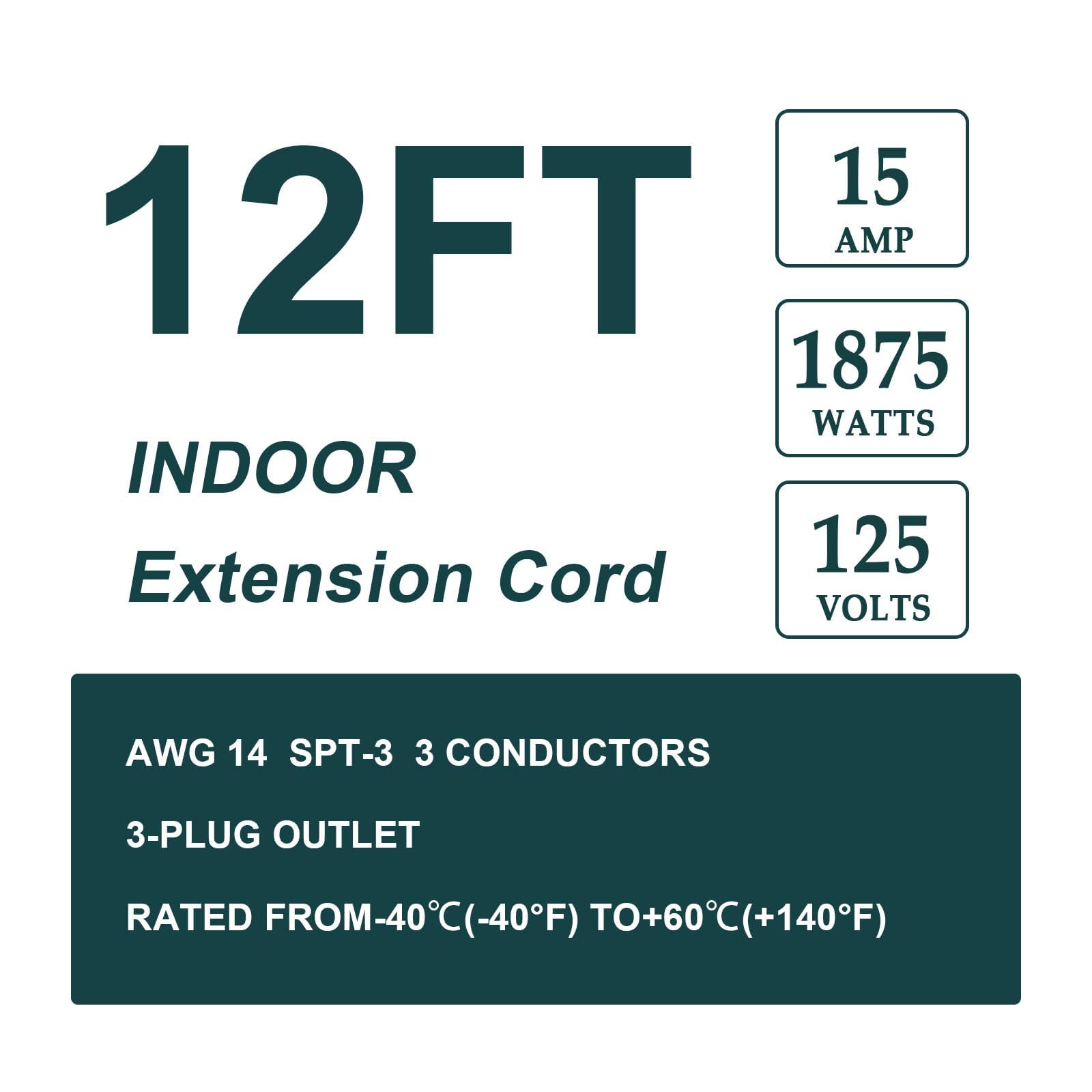 Ep 12 Ft Heavy Duty Appliance Extension Cord   14 Gauge 3 Prong Grounded Cable Wire, Ideal For Air Conditioners, Refrigerators,