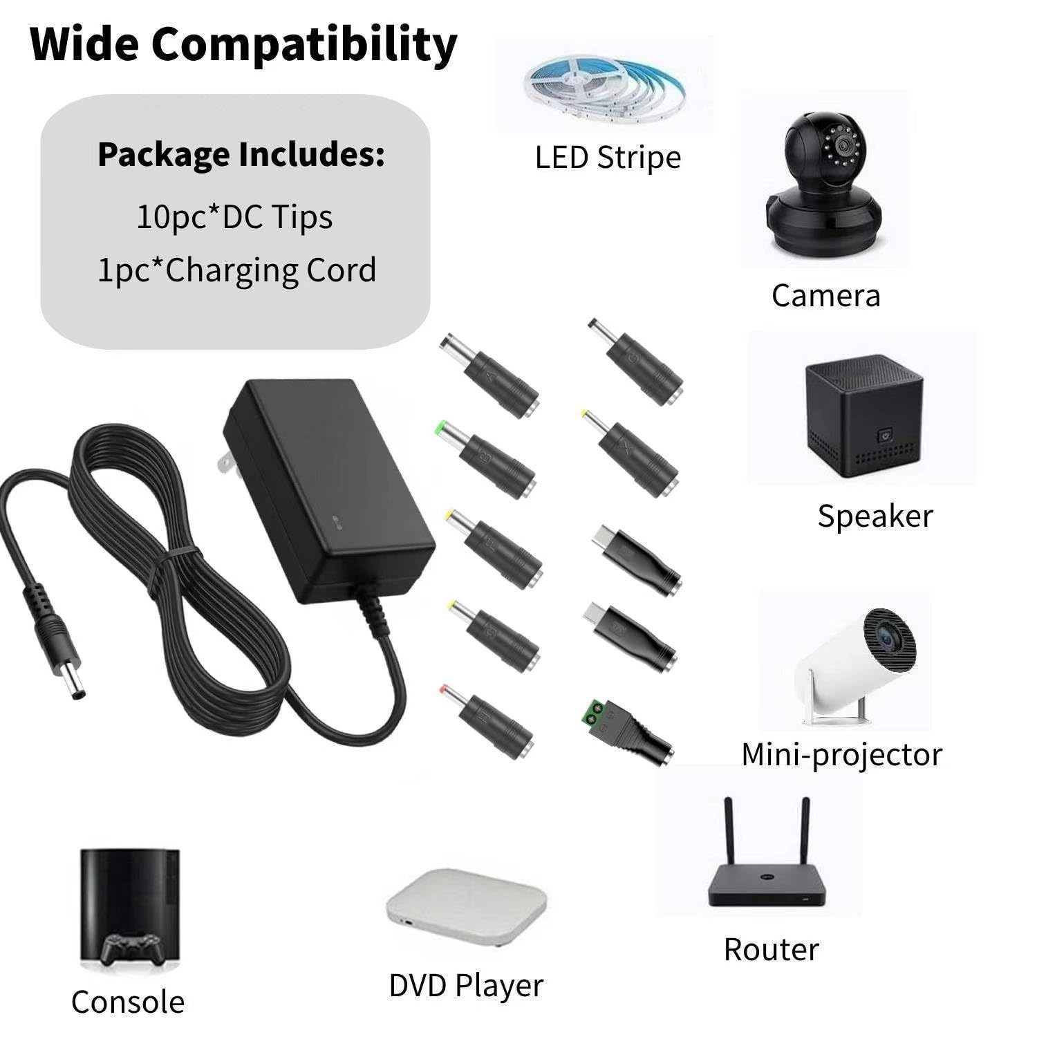 12V 2A Power Supply Ac Dc Adapter With 10 Tips, Universal Dc In 12 Volt 2 Amp Power Cord, Converter Transformer 100 240V, 50/60H