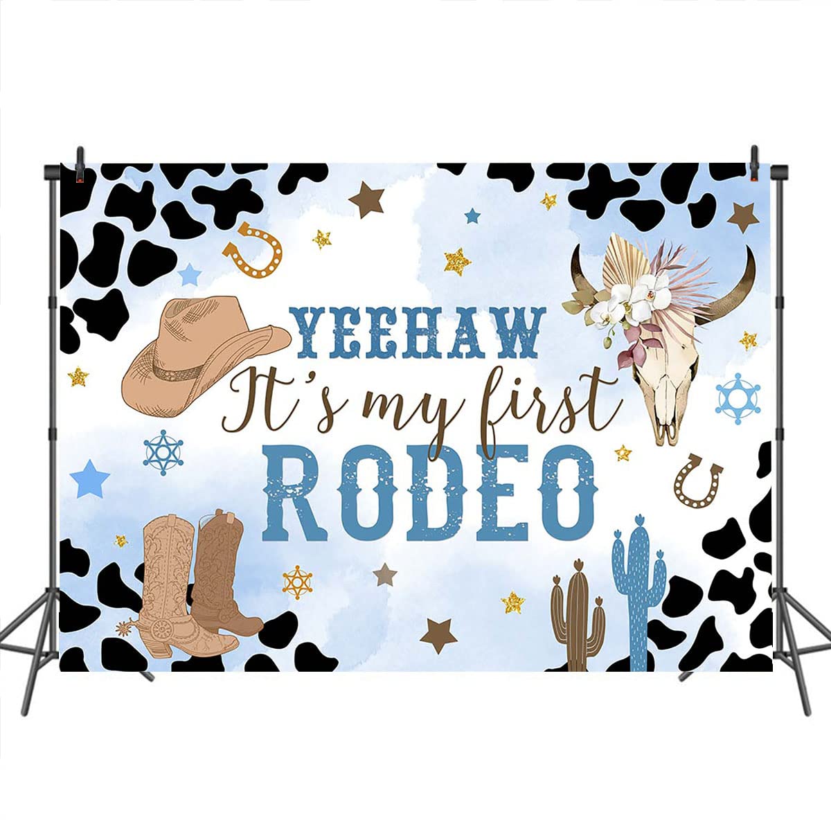 Mocsicka Western Cowboy Birthday Backdrop My First Rodeo Party Decorations Boy Wild West Blue Cowboy Birthday Cake Table Banner