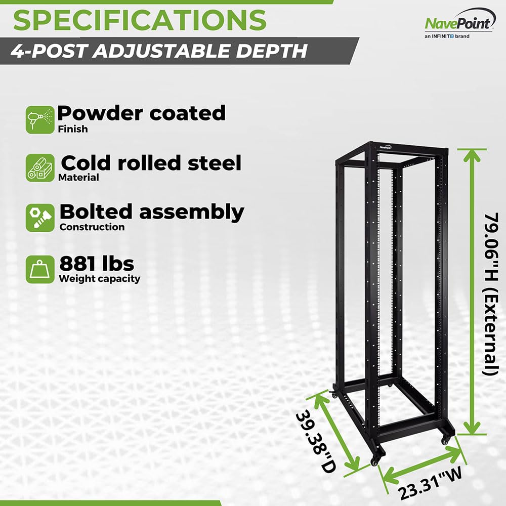 Navepoint 42U 4 Post Server Rack   Open Frame Rack For 19 Inch Equipment, Adjustable Depth 4 Post Network Rack With Casters Whee