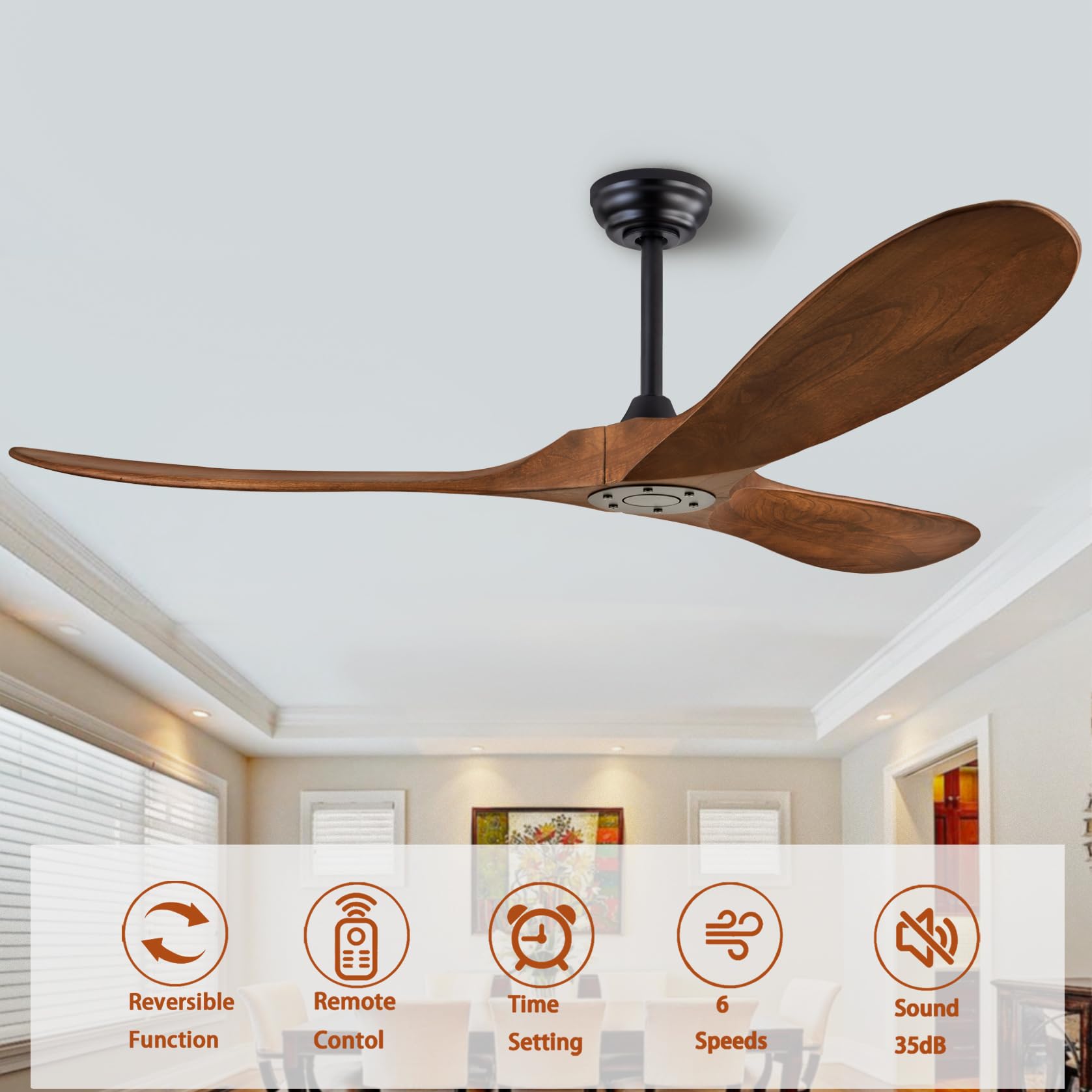 60'' Ceiling Fans ?No Light With Remote Control?, Indoor Outdoor Wood Ceiling Fan ?With 3 Wood Blades? For Patio, Living Room, B