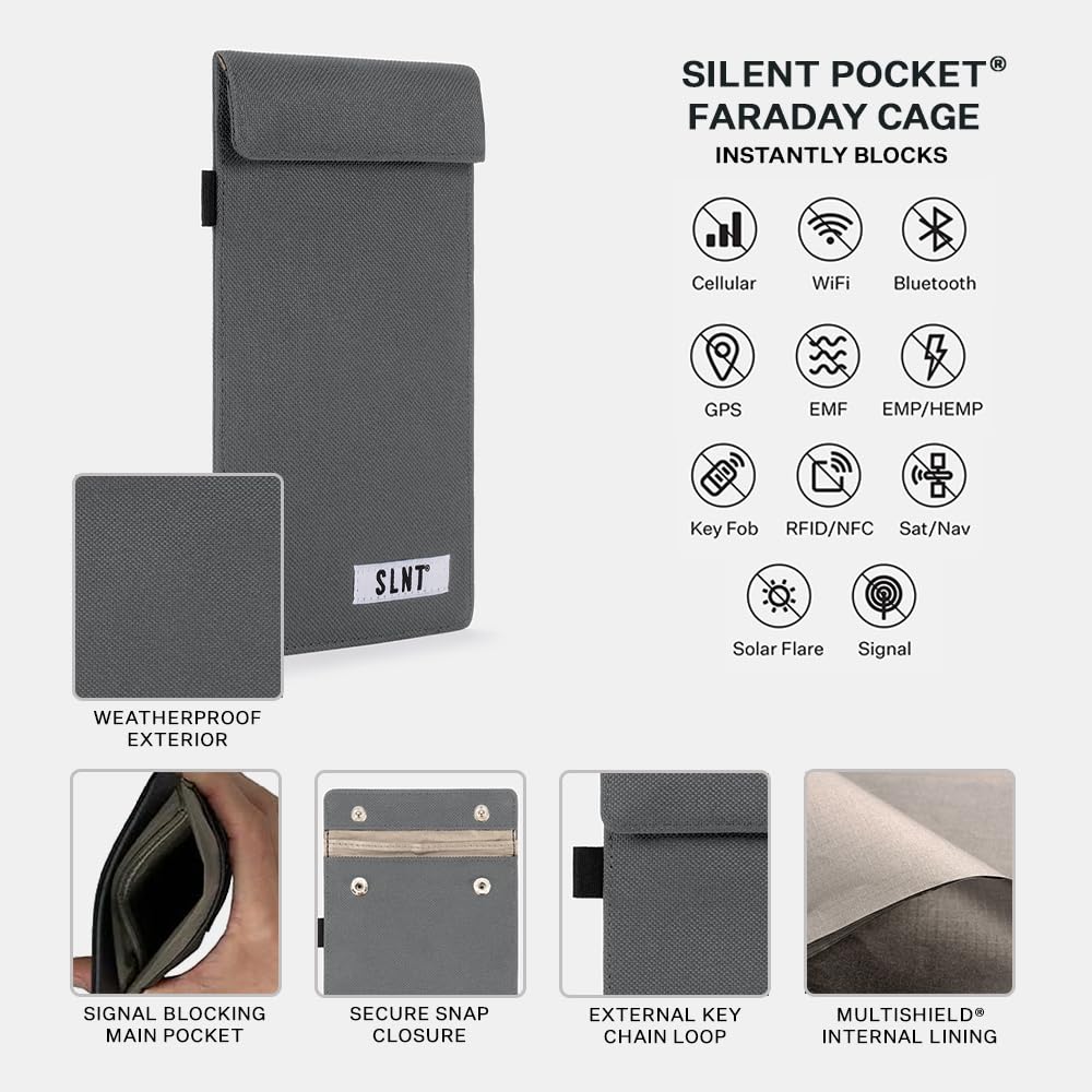 Silent Pocket Faraday Cage Key Fob Holder, Charcoal Grey, 4.3'' X 3.5''