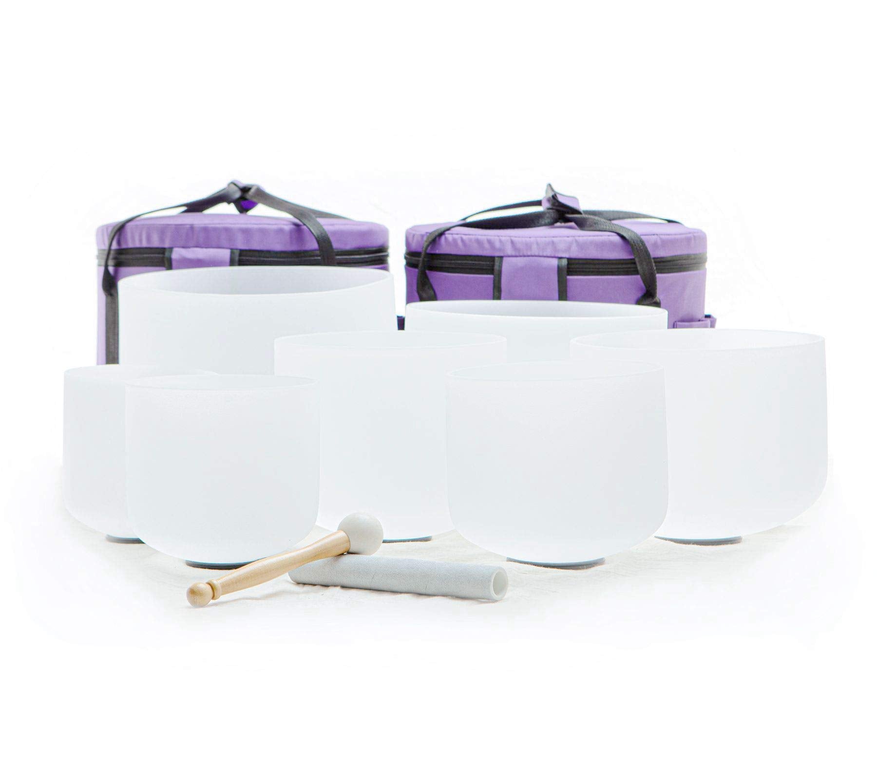 Leize 6-12 inch Chakra Tuned 432hz Set of 7 Flawless Quartz Crystal Singing Bowls with Heavy Duty Carrying Cases and Singing Bow