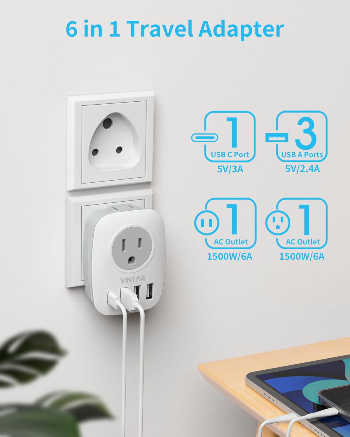 Us To India Plug Adapter, Vintar Type D Travel Adapter With 1 Usb C, 3 Usb Ports And 2 American Outlets, 6 In 1 India Power Adap
