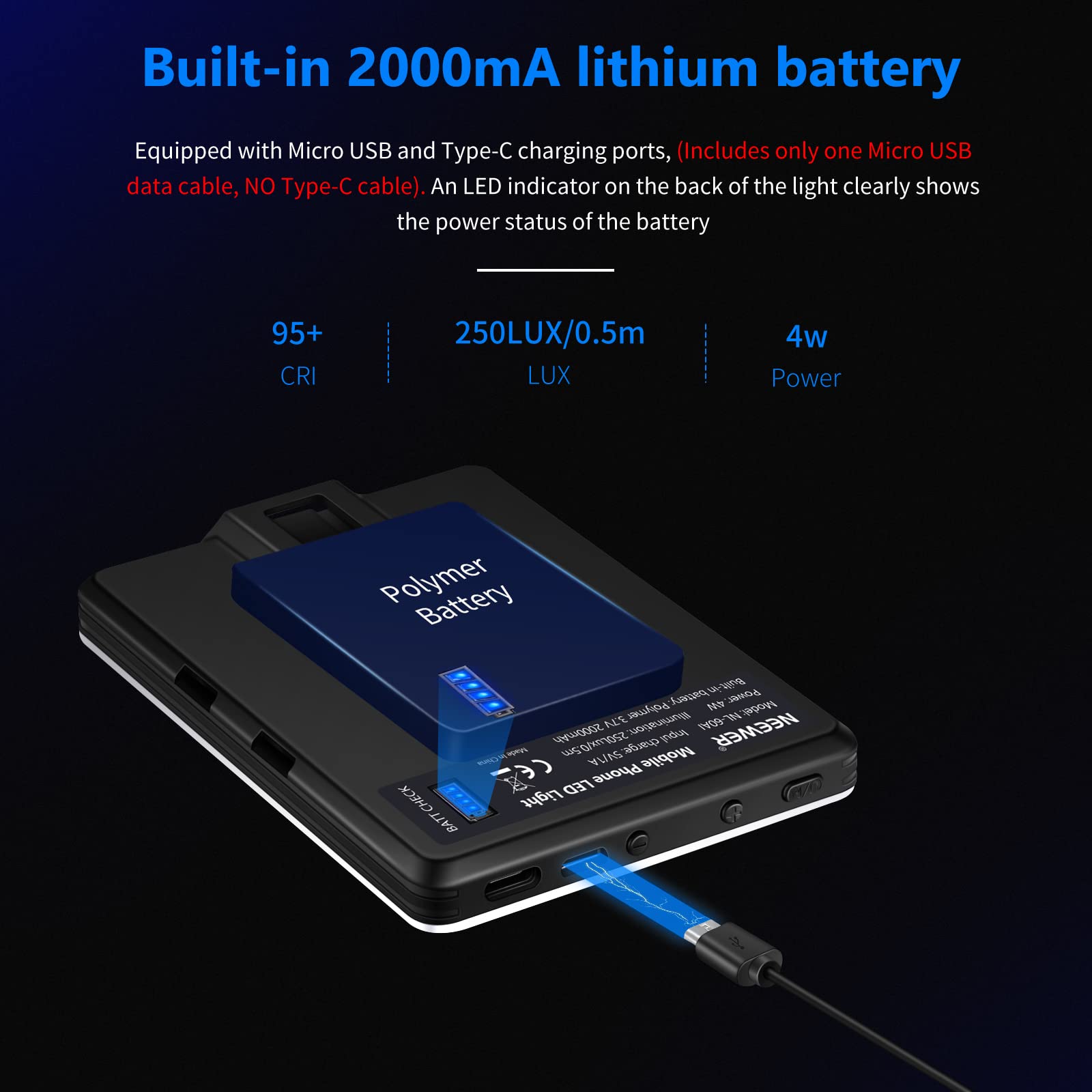 Neewer Selfie Light With Front & Back Phone Clip, High Power 60 Led 2000Mah Rechargeable Cri 95+, 3 Light Modes, Portable Clip O