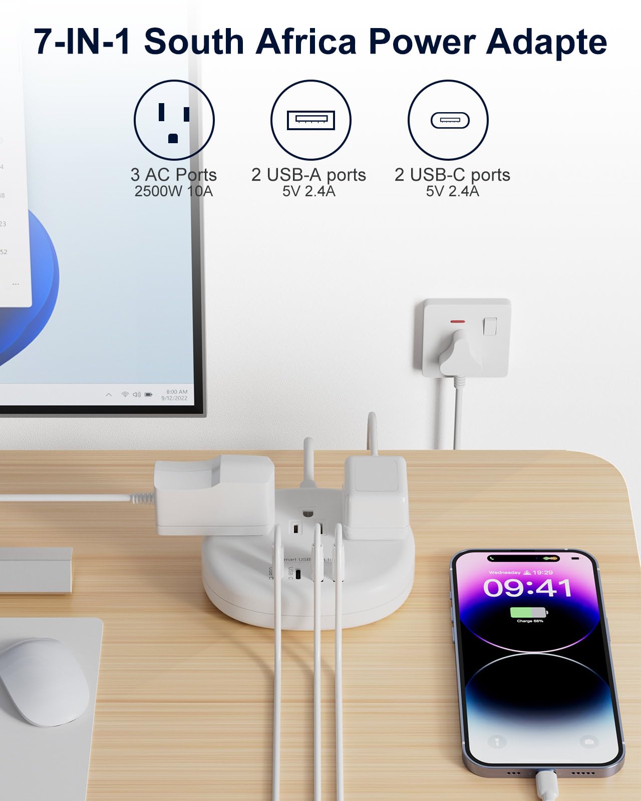 South Africa Plug Adapter, Type M Adapter For South Africa With 3 American Outlets 4 Usb Ports (2 Usb C) Total 24W, Type M Plug
