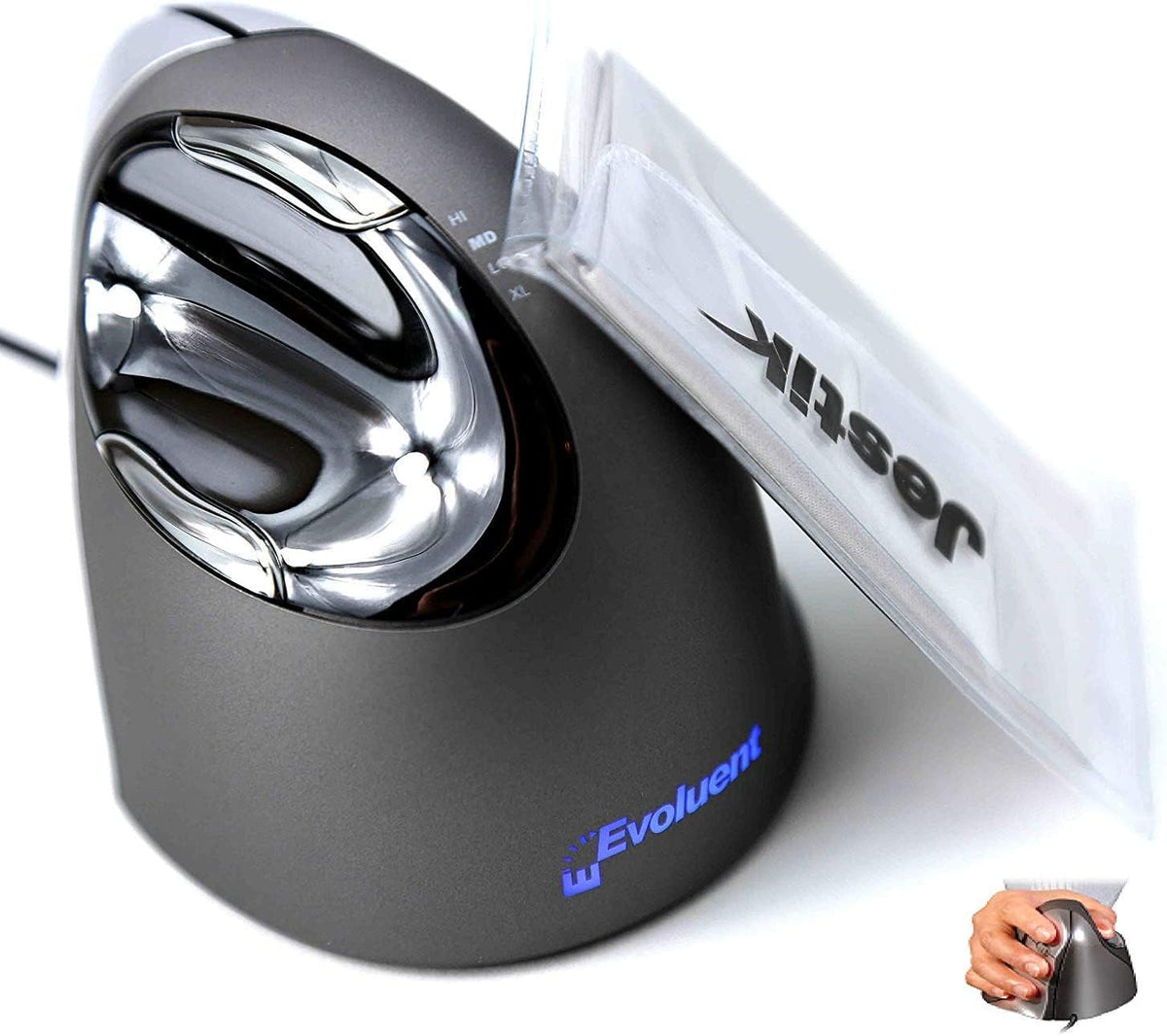 Evoluent Vertical Mouse 4 Right Hand (VM4R)   Ergonomic USB Wired Mouse for Laptop and PC with Jestik Microfiber Cloth (Regular Size) Black