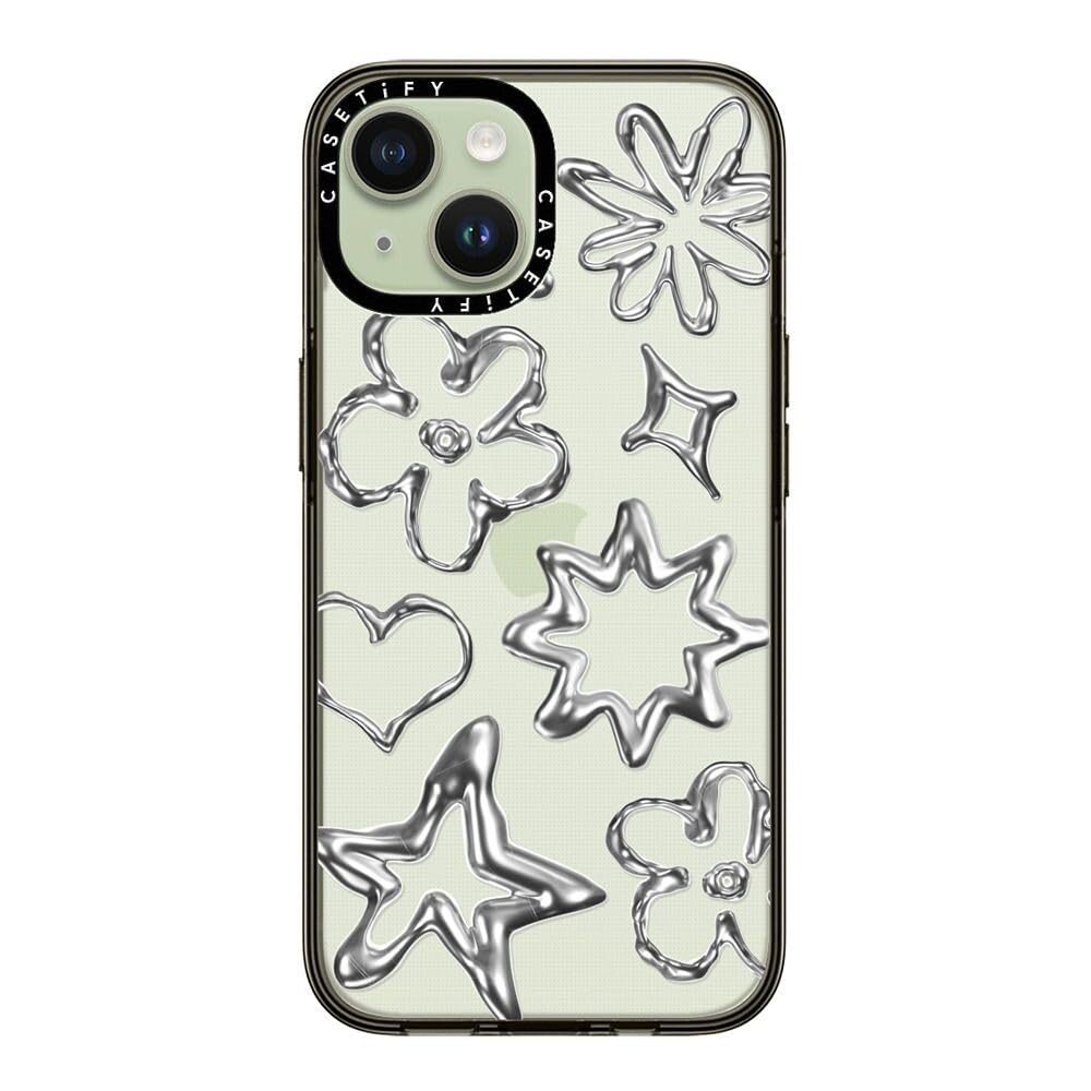 Casetify Compact Case For Iphone 15 [2X Military Grade Drop Tested / 4Ft Drop Protection]   Chrome Doodles   Clear Black