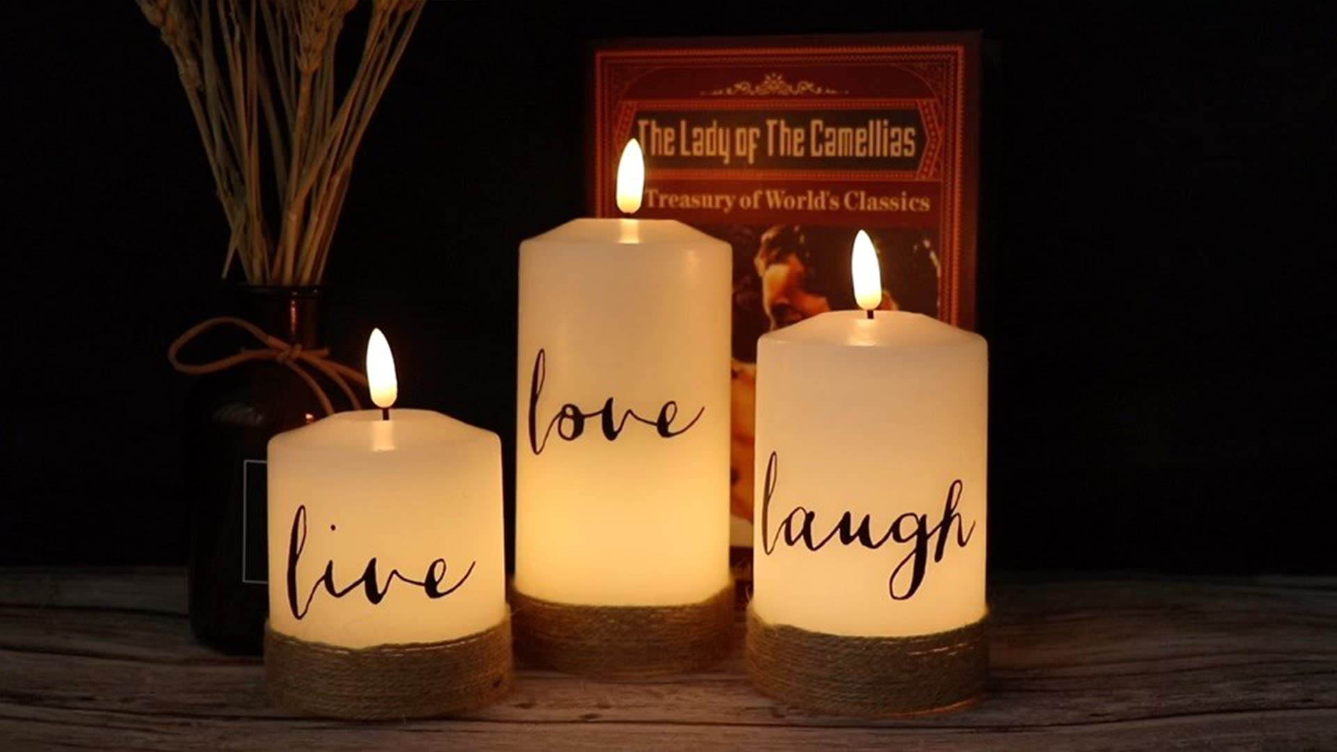 Genswin Flameless Led Candles With Hemp Rope & Remote Timer, Real Wax Battery Operated Pillar Candles Live Laugh Love, Realistic
