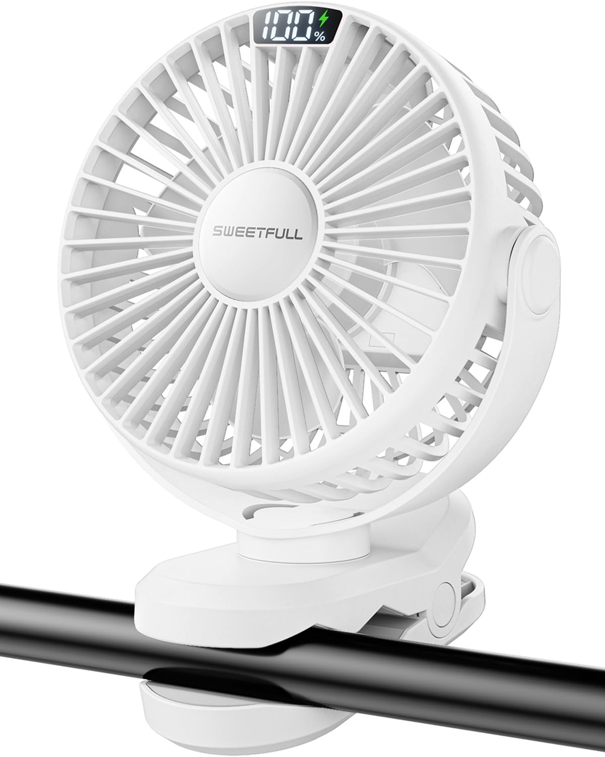 SWEETFULL Portable Clip on Fan - Battery Operated Rechargeable Fan with LED Display, 4 Speeds, Mini Personal Cooling Desk Fan fo